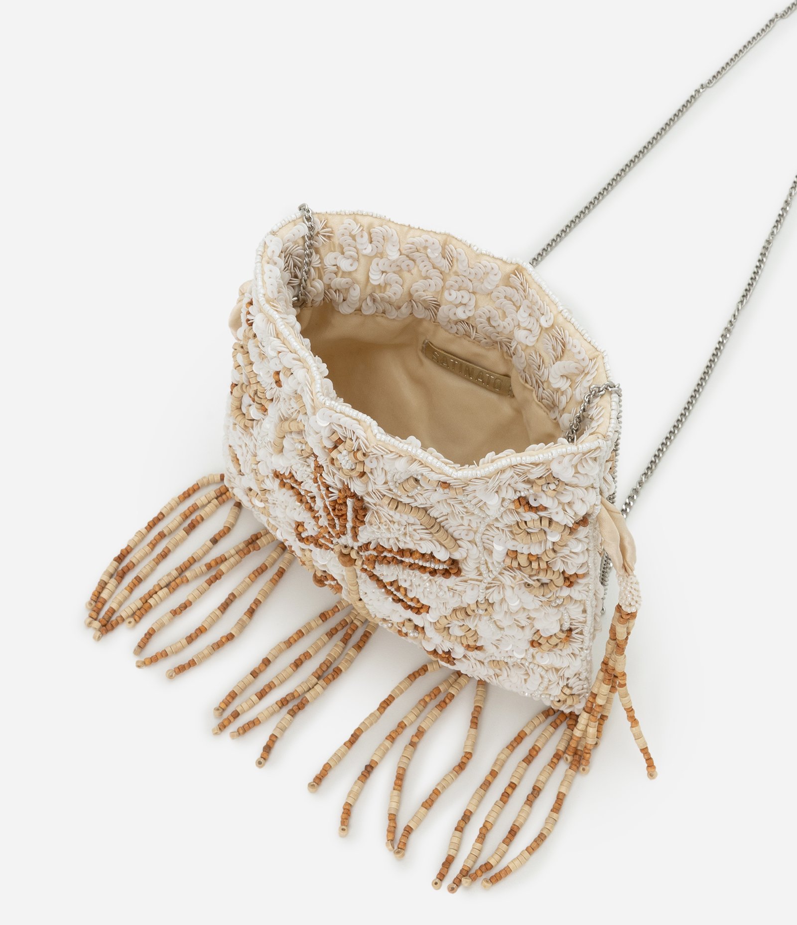 Bolsa Bucket em Paetês com Coqueiro de Miçanga Off White/Bege 6