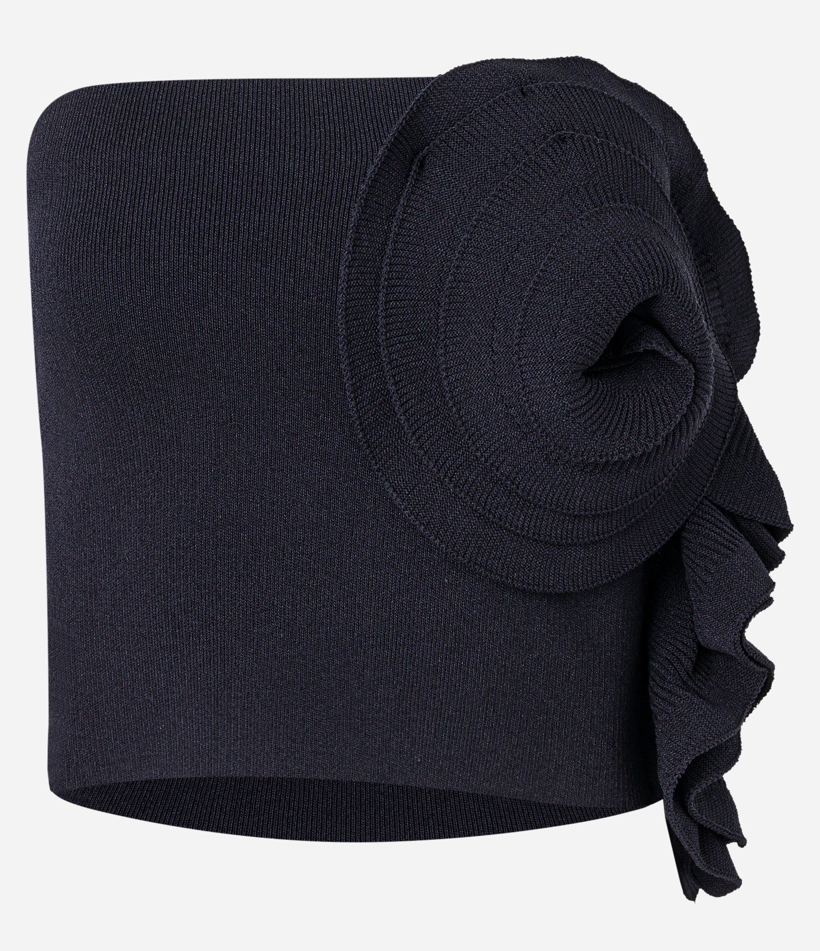 Blusa Cropped Sem Alça em Tricô com Babado Floral Preto 1