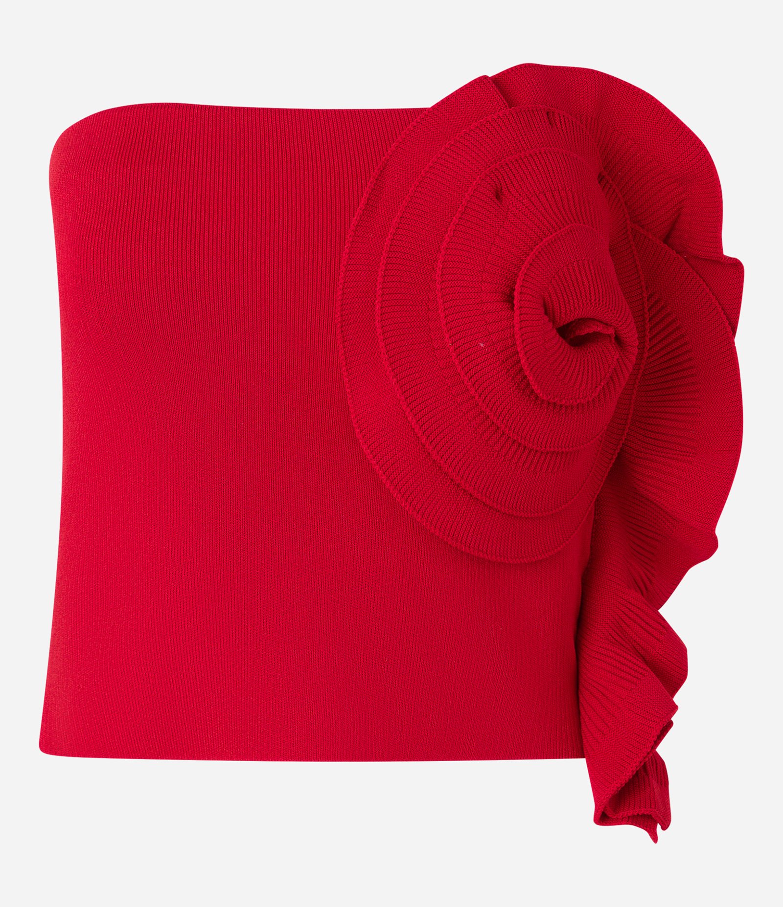 Blusa Cropped Sem Alça em Tricô com Babado Floral Vermelho 7