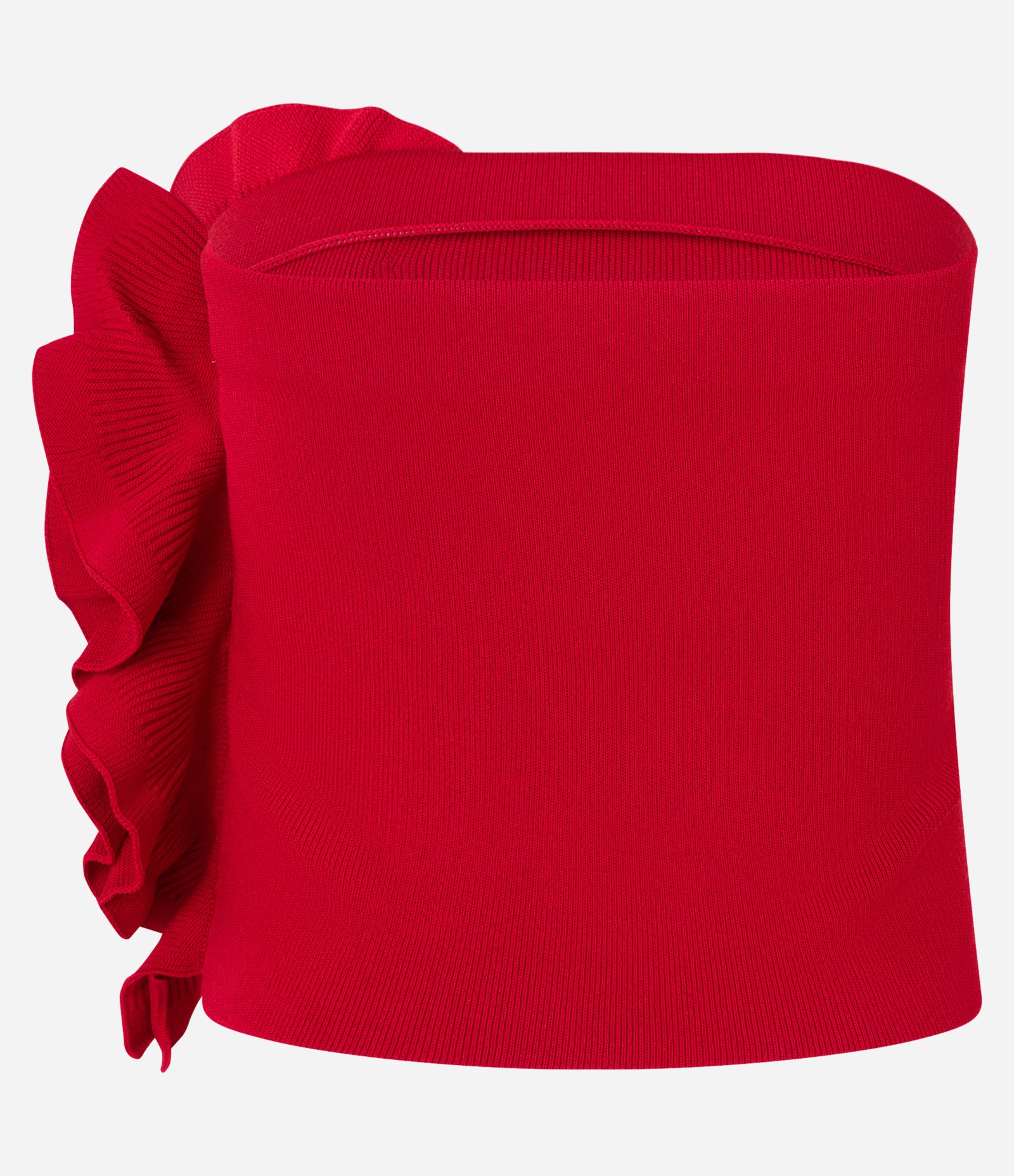 Blusa Cropped Sem Alça em Tricô com Babado Floral Vermelho 9