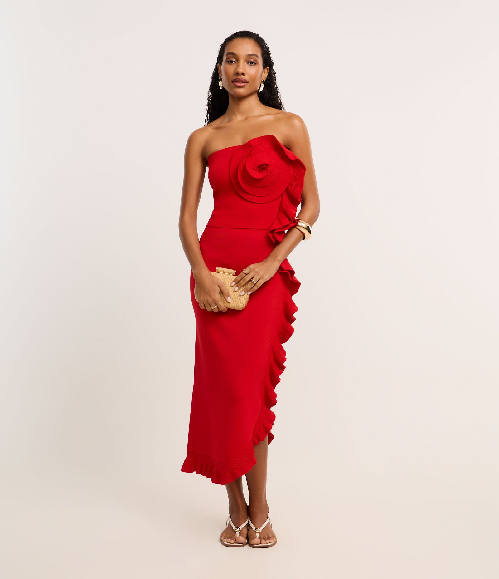 Blusa Cropped Sem Alça em Tricô com Babado Floral Vermelho 3