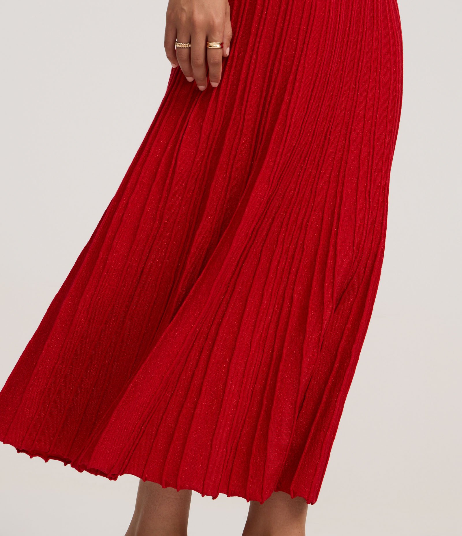 Saia Evasê Long Midi em Tricô com Frisos Vermelho 5