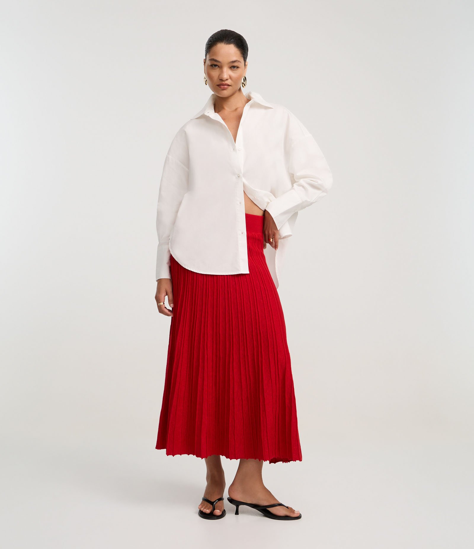 Saia Evasê Long Midi em Tricô com Frisos Vermelho 6