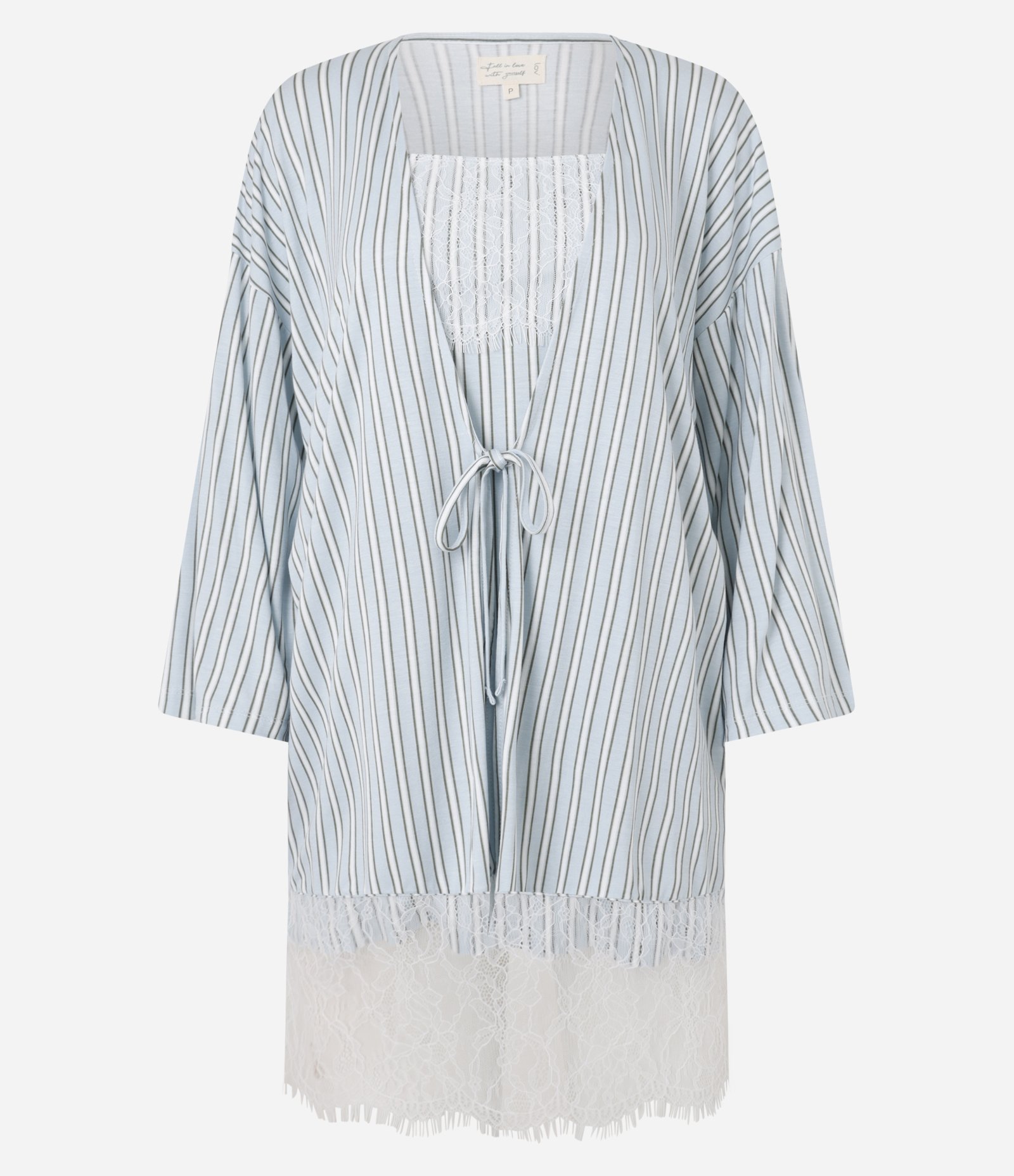 Conjunto Camisola e Robe em Viscose Listrada com Renda Azul 5