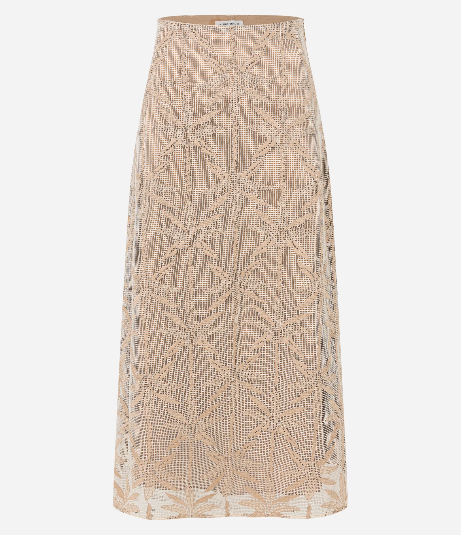 Saia Evasê Midi com Ponto Vazado e Bordado Folhagem Bege 5
