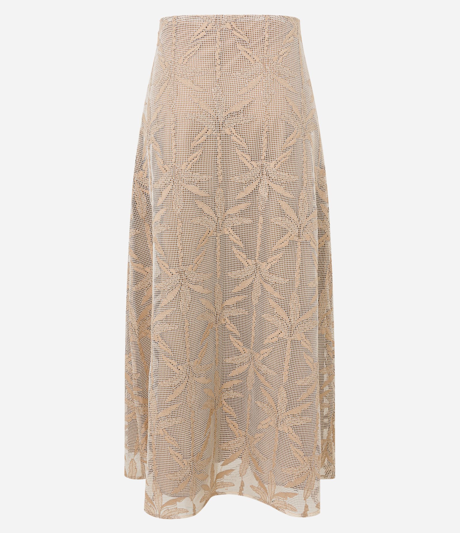 Saia Evasê Midi com Ponto Vazado e Bordado Folhagem Bege 7