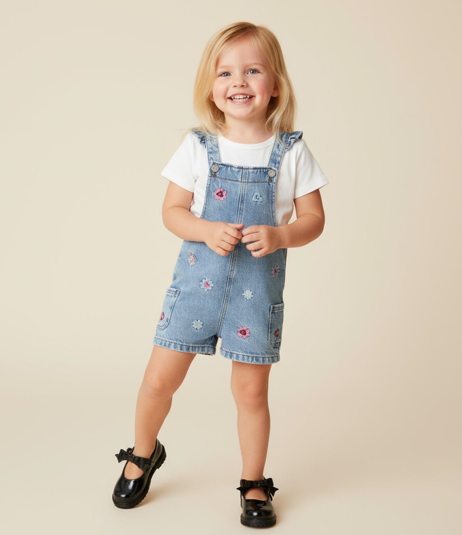 Jardineira Infantil em Jeans com Estampa Bordada de Mini Ícones e Frufru- Tam 1 a 6 Anos Azul 1