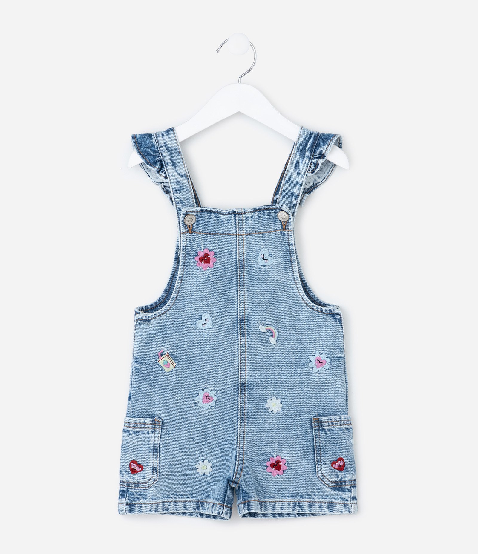 Jardineira Infantil em Jeans com Estampa Bordada de Mini Ícones e Frufru- Tam 1 a 6 Anos Azul 2