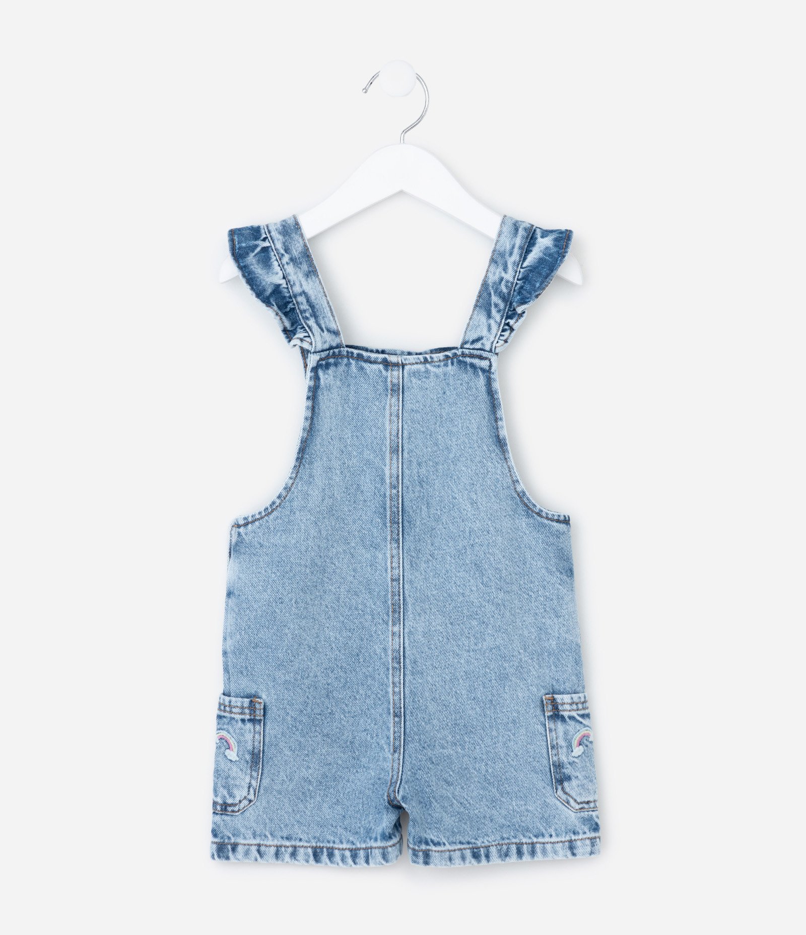 Jardineira Infantil em Jeans com Estampa Bordada de Mini Ícones e Frufru- Tam 1 a 6 Anos Azul 3