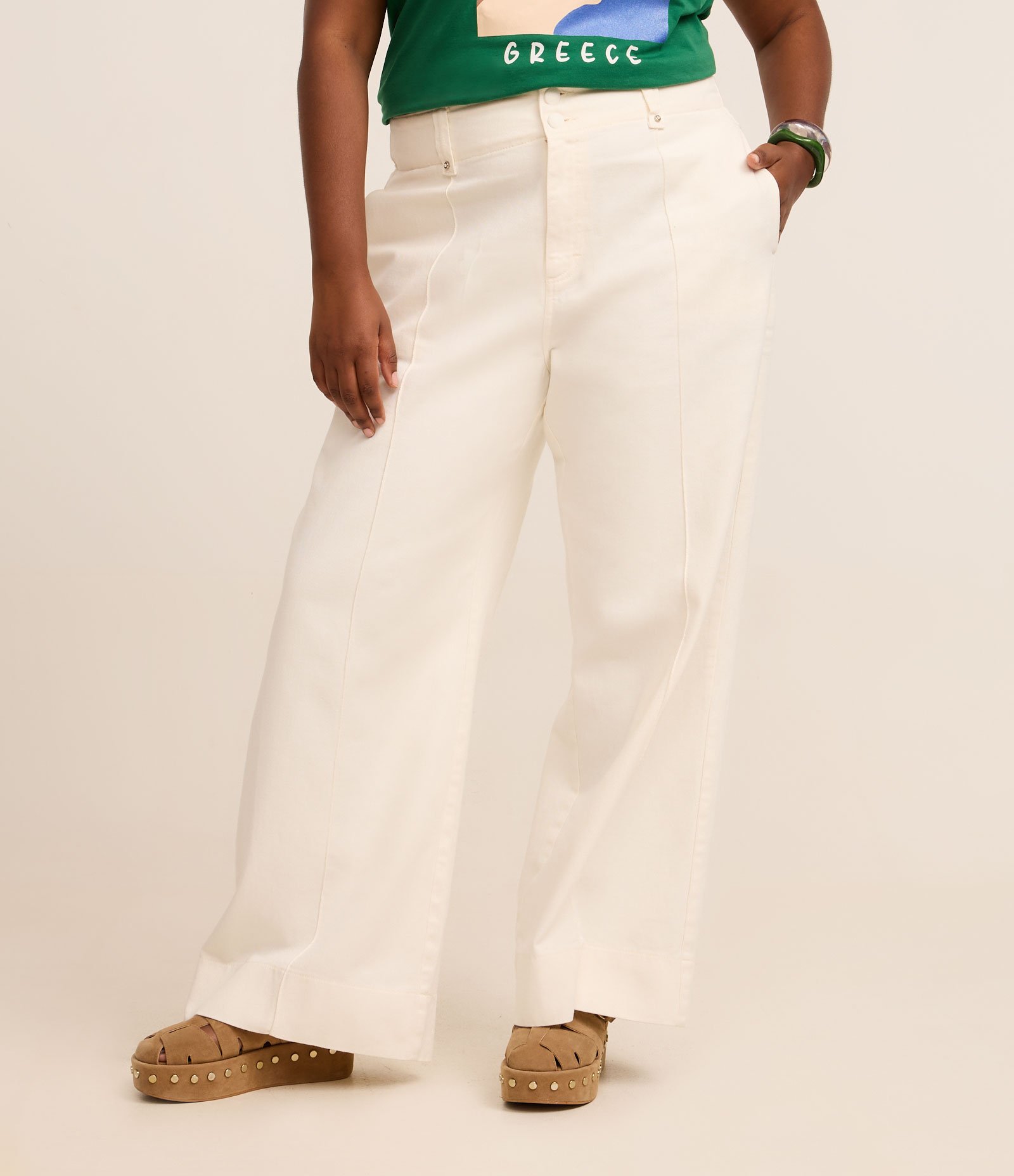 Calça Reta em Jeans com Cós Alfaiataria e Botão Forrado Curve & Plus Size Off White 1