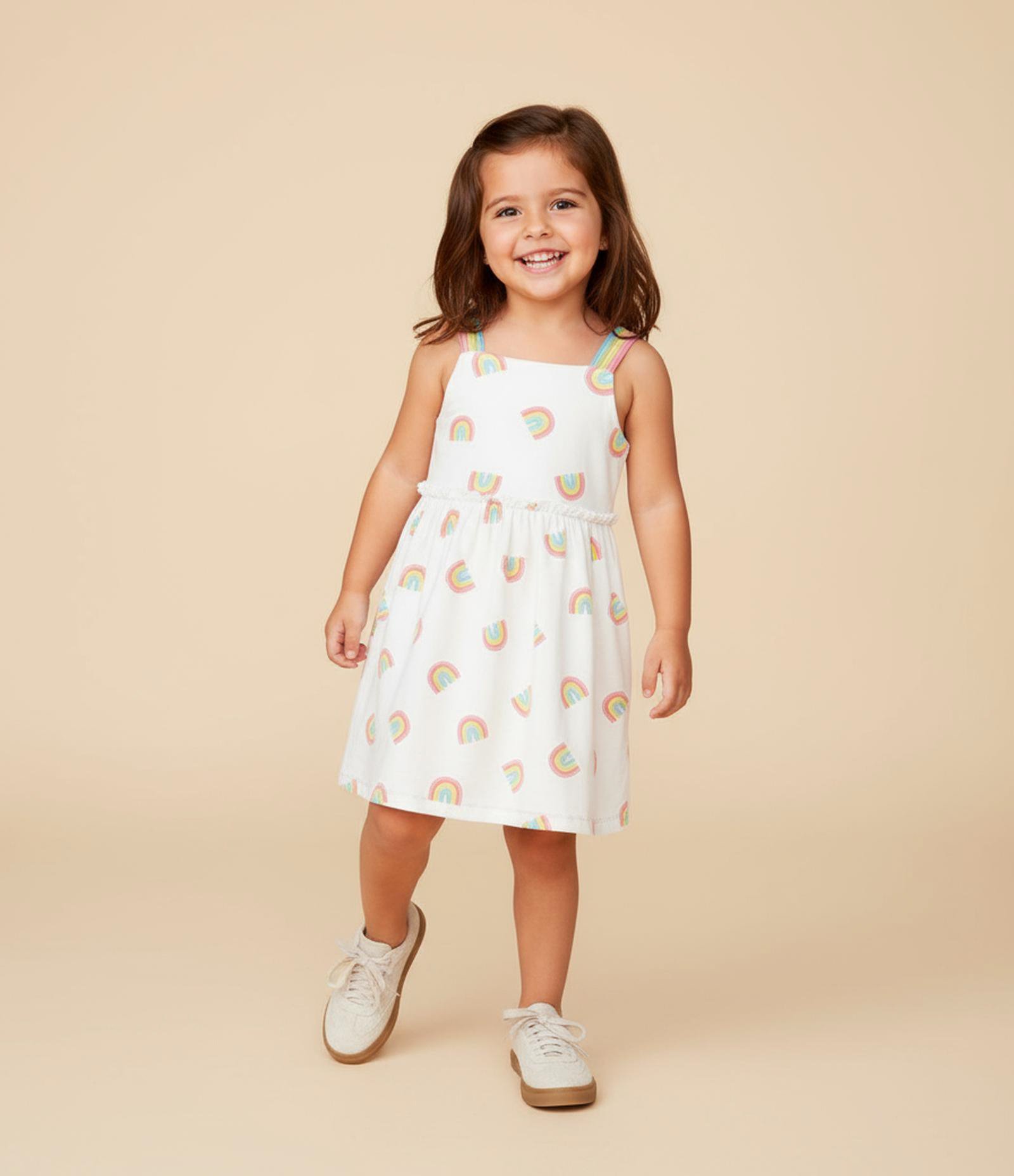 Vestido Alcinha Infantil Estampado de Arco-Íris Texturizado - Tam 1 a 6 Anos Branco 1