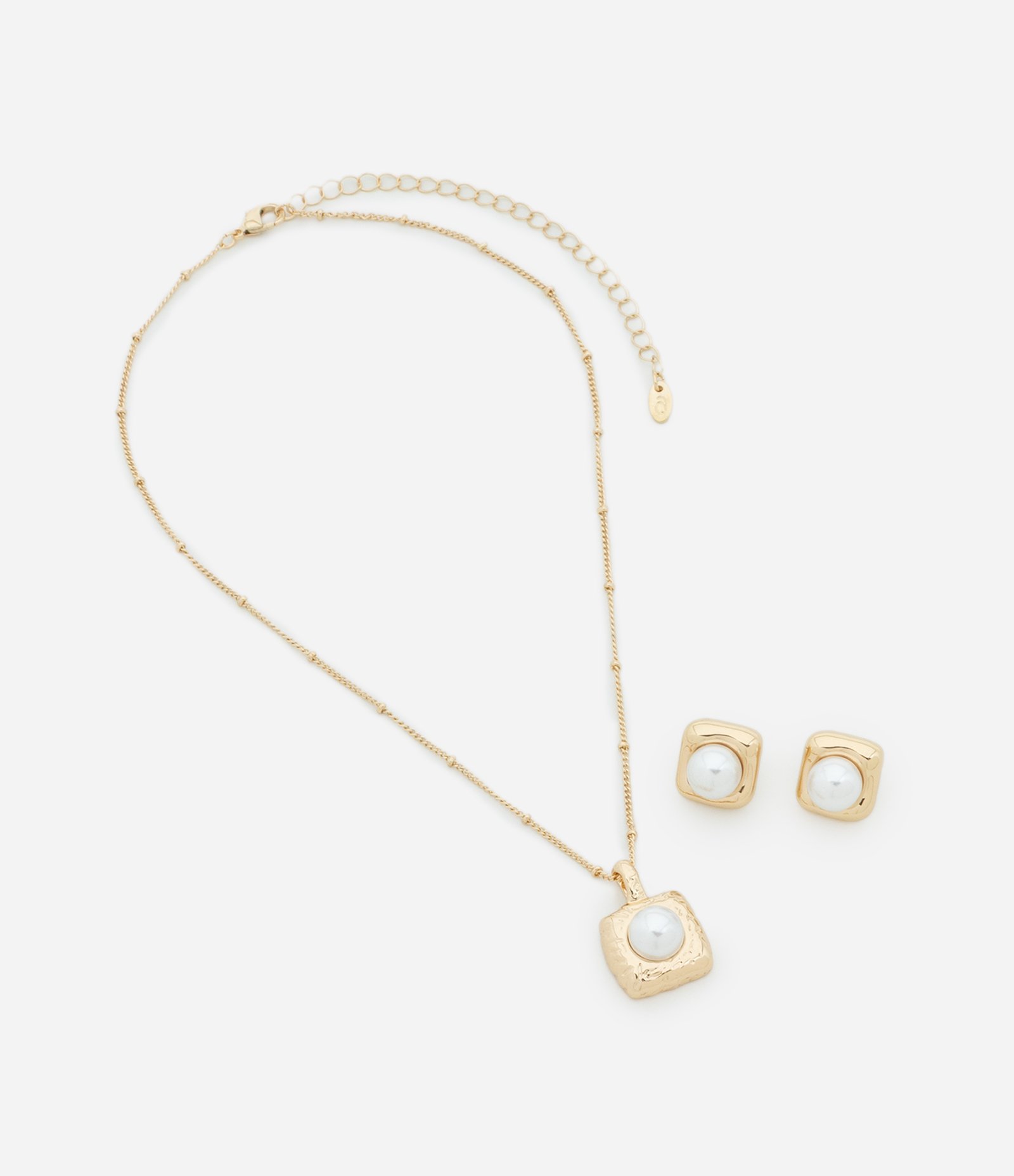Conjunto de Colar Curto com Pingente Quadrado com Perola Artificial e Brinco Botão Dourado 2