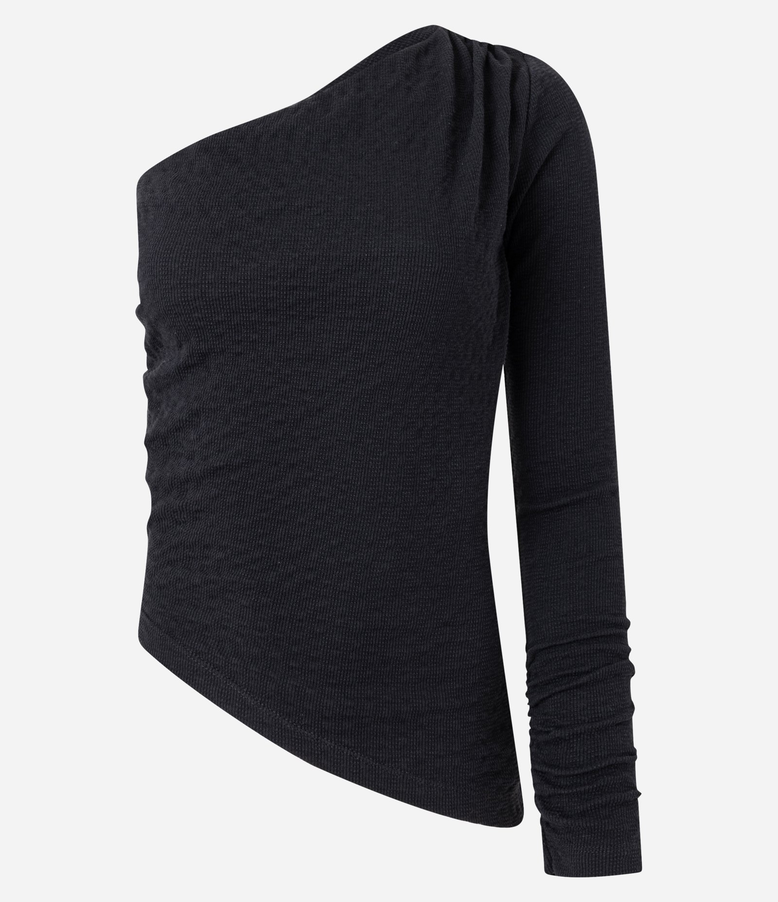 Blusa Texturizada com Um Ombro Só e Franzido no Ombro Preto 4