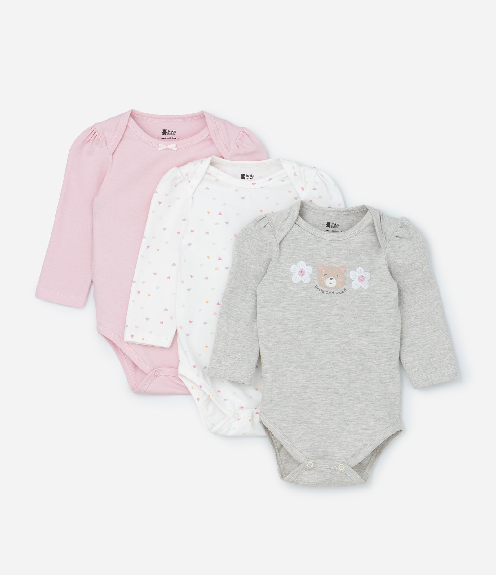 Kit 03 Bodies Infantis com Estampa Urso e Flores - Tam RN a 18 meses Rosa/Branco/Cinza 1