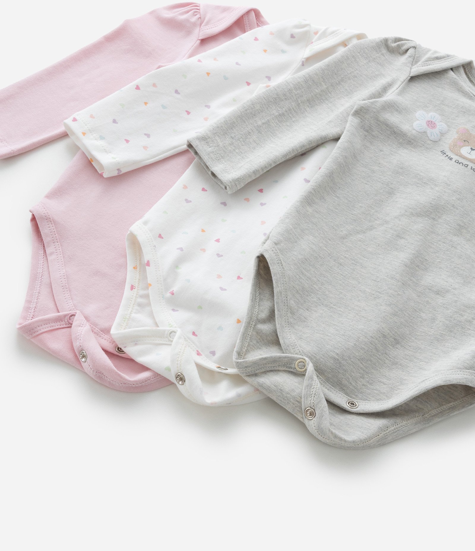 Kit 03 Bodies Infantis com Estampa Urso e Flores - Tam RN a 18 meses Rosa/Branco/Cinza 6