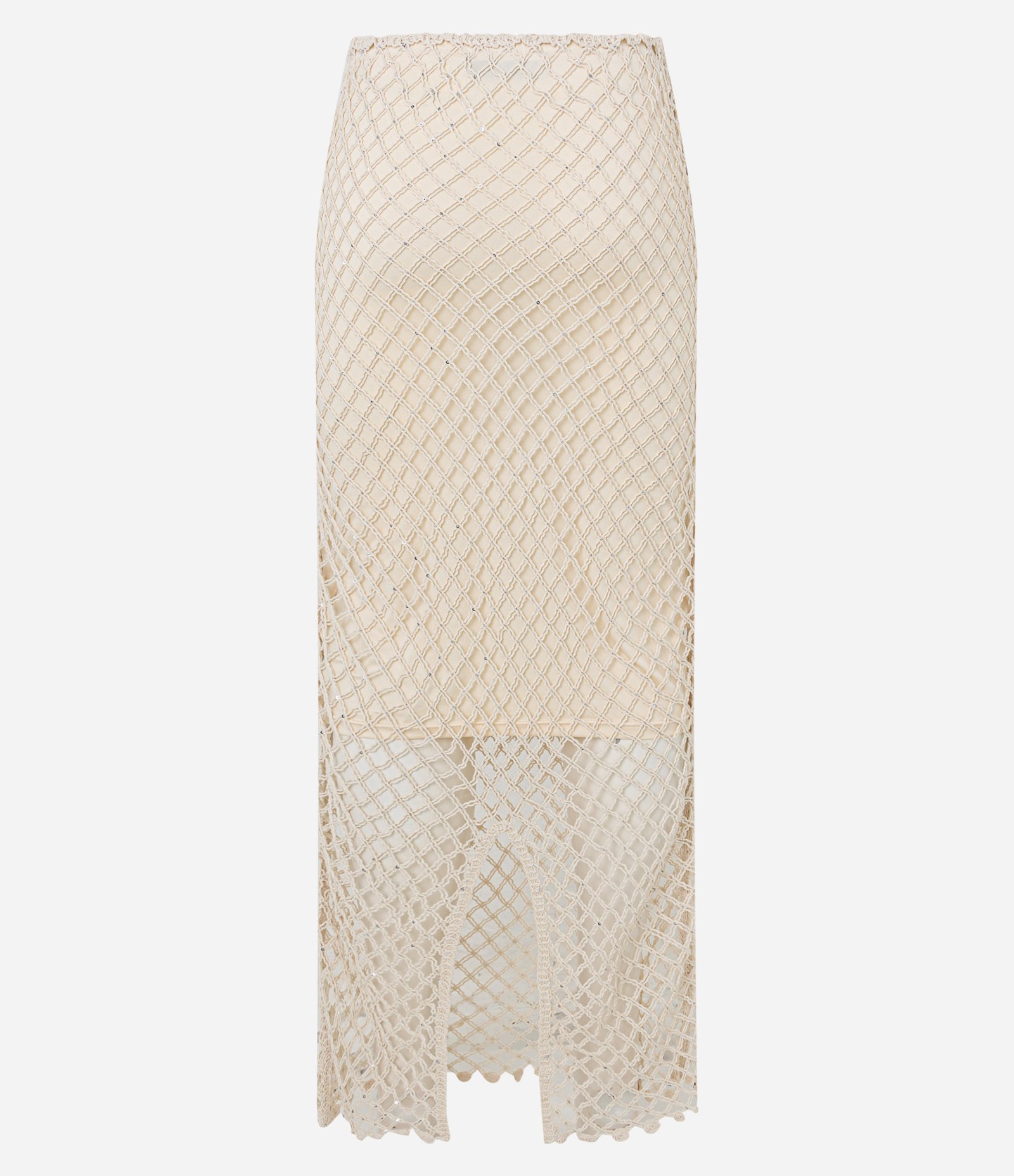 Saia Longa com Sobreposição de Tela e Paetês Bege 8