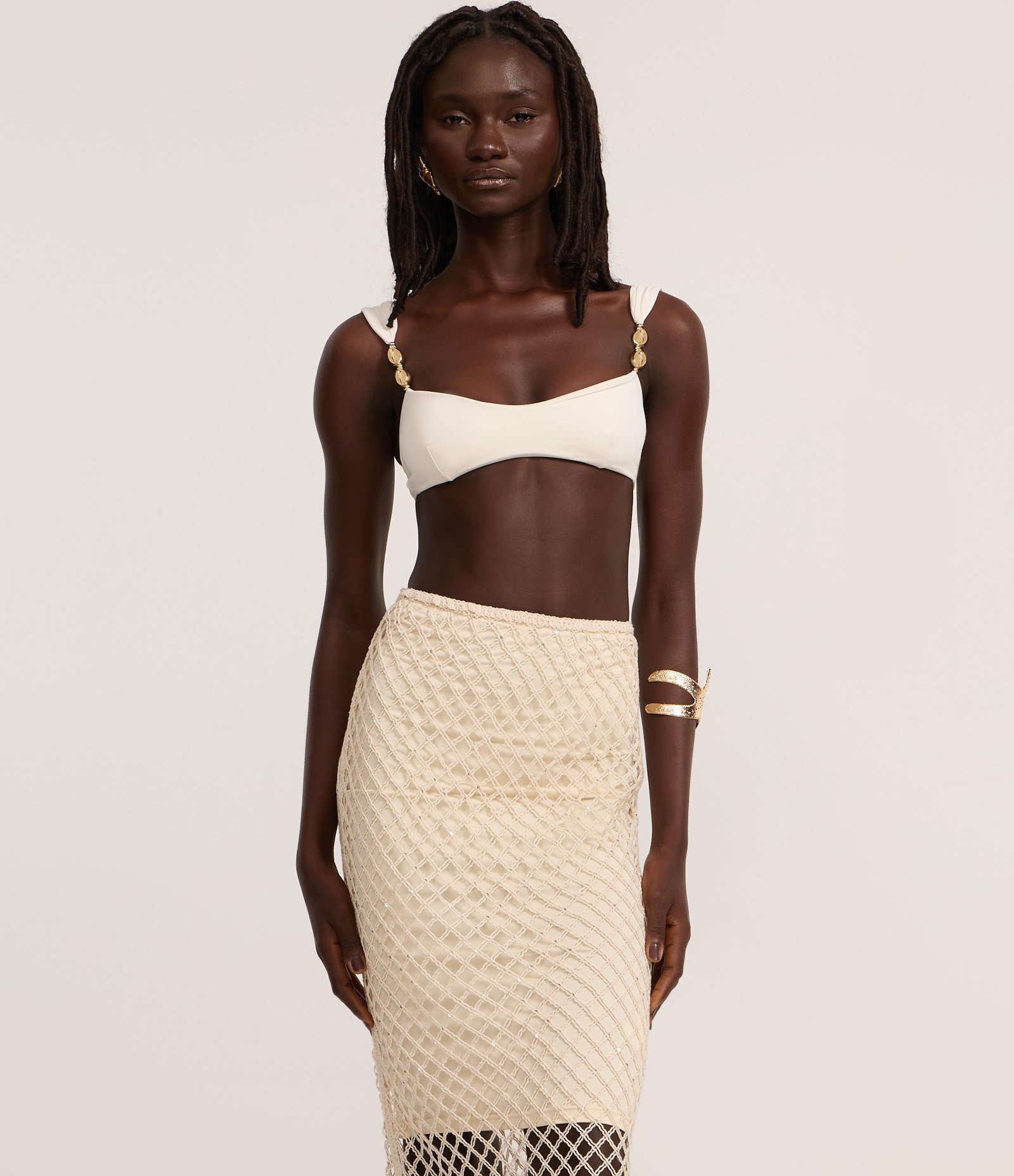 Saia Longa com Sobreposição de Tela e Paetês Bege 2