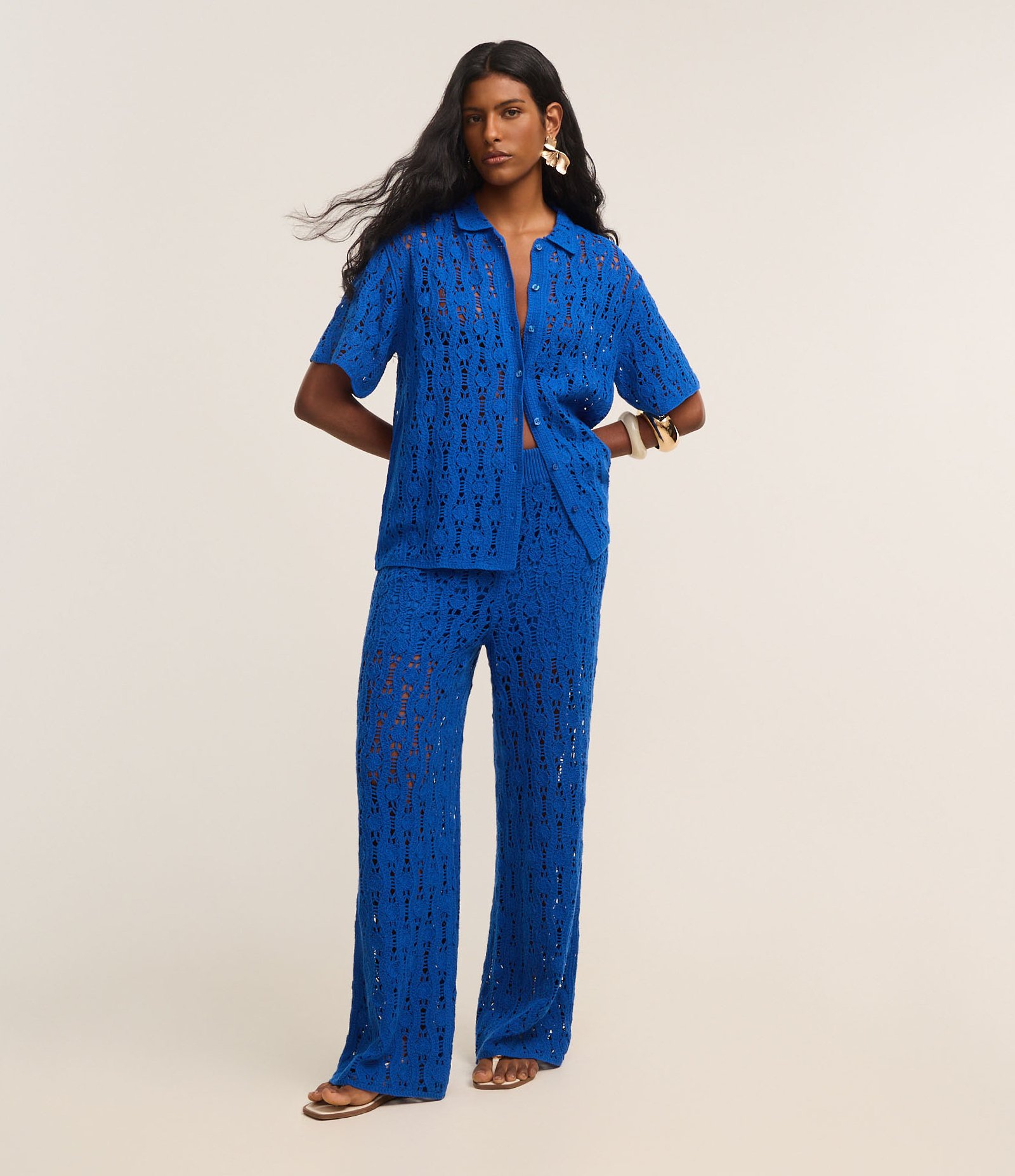 Calça Reta em Tricô Texturizada Azul 1