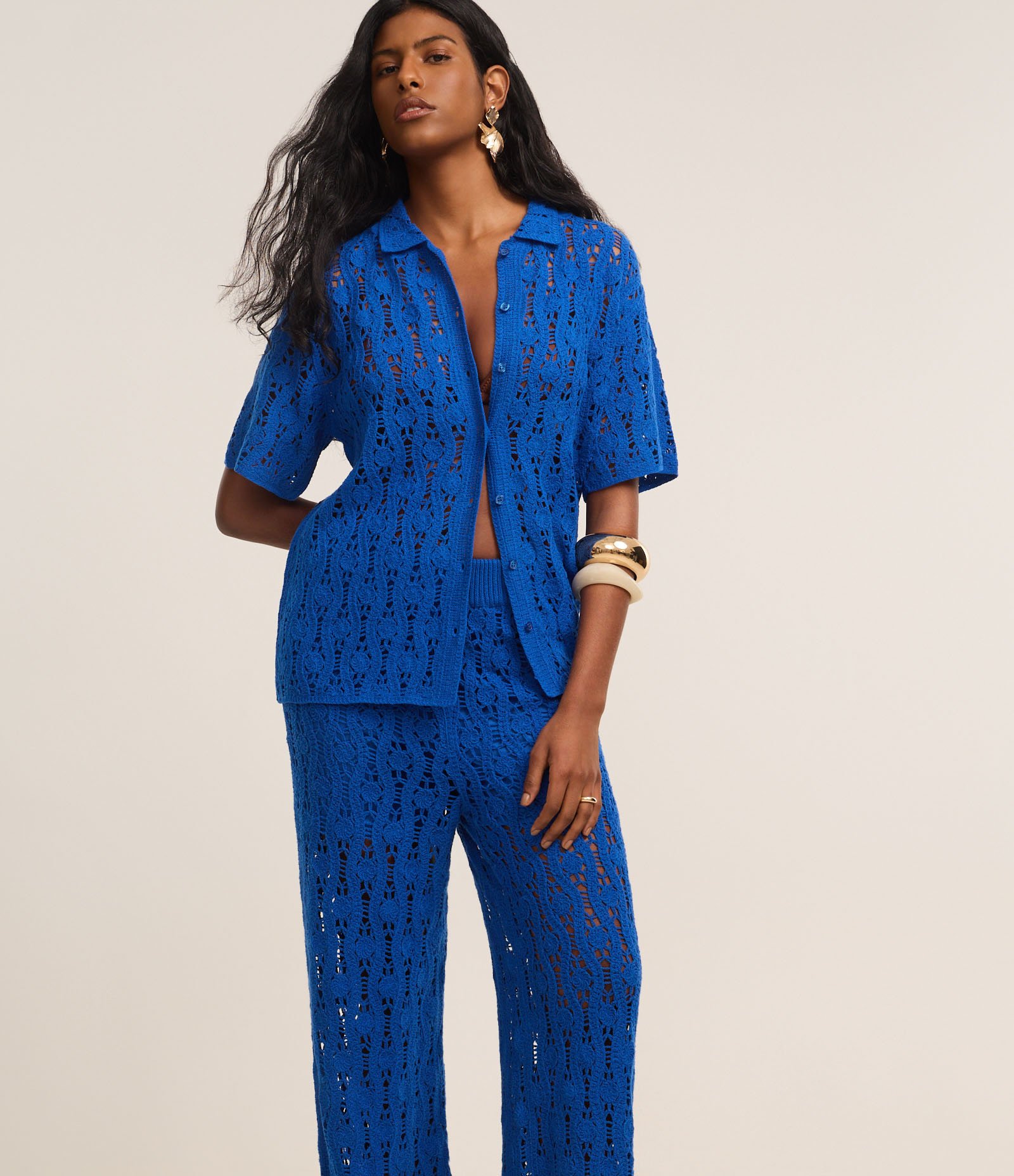 Calça Reta em Tricô Texturizada Azul 2