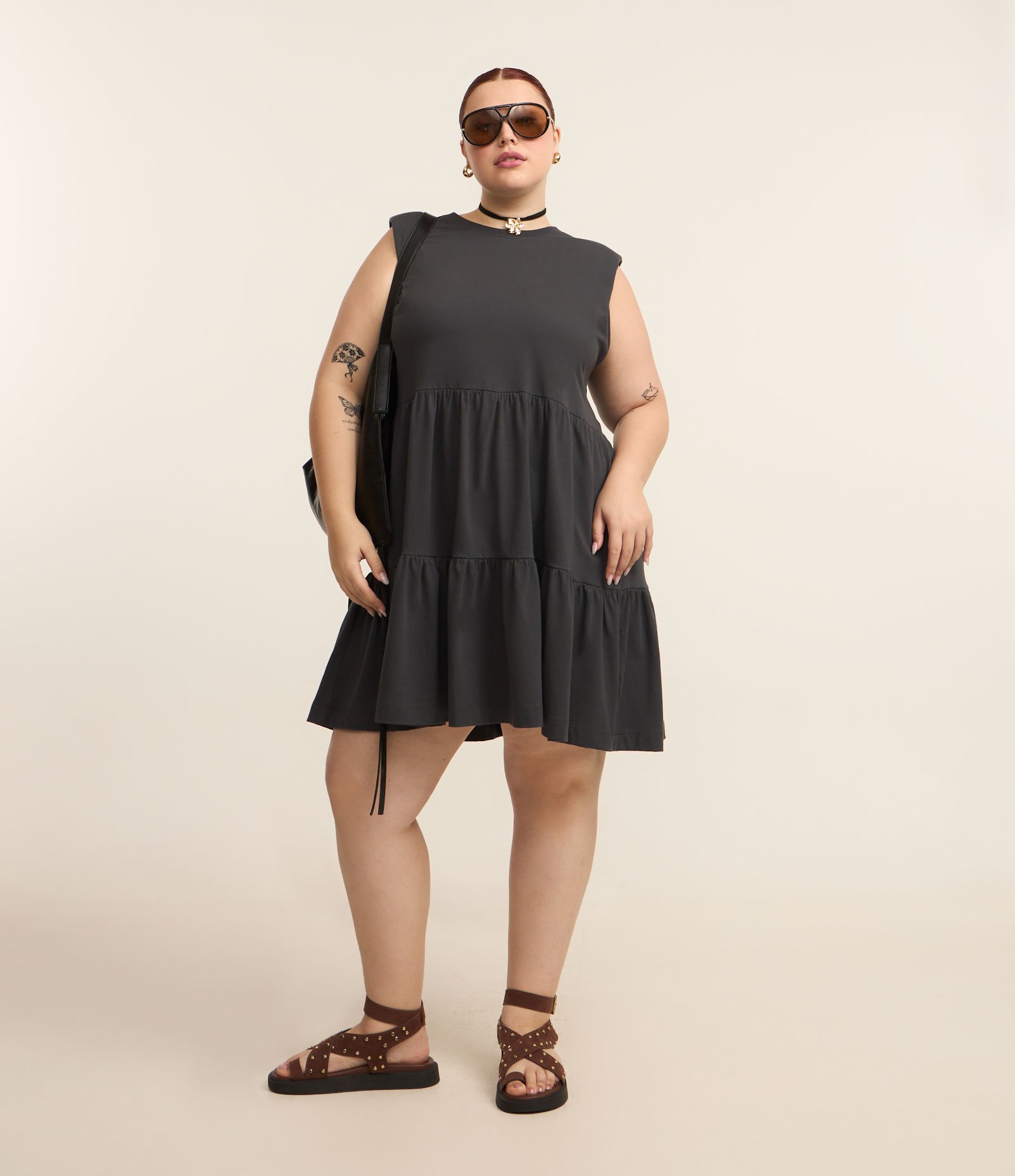 Vestido Muscle Tee em Algodão com Babados Curve & Plus Size Cinza 1