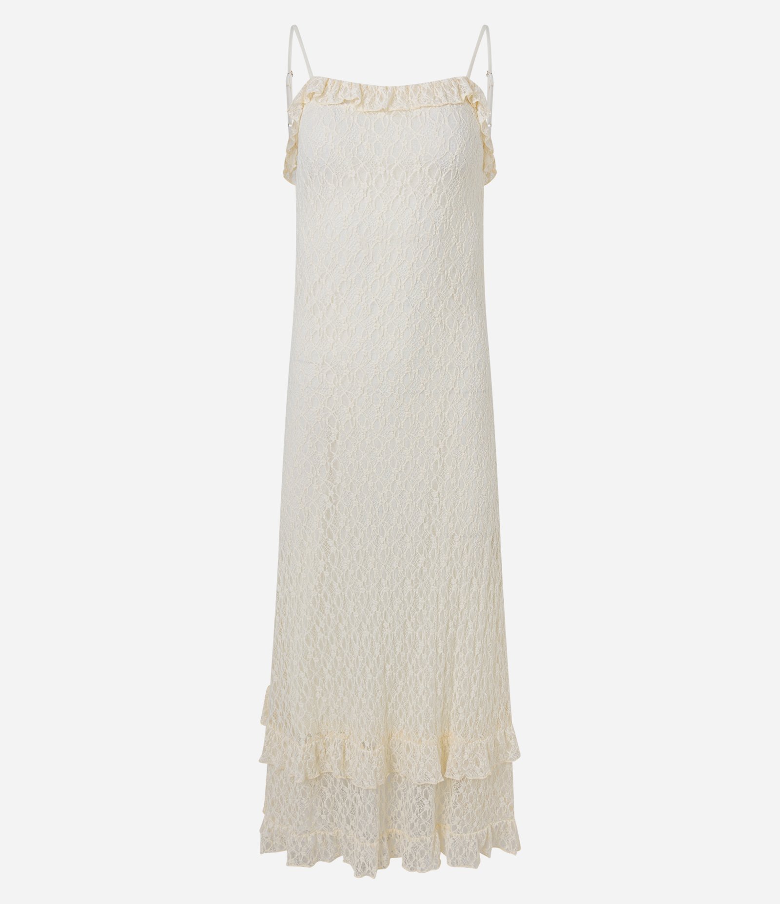Vestido New Midi em Renda com Babados e Alça Fina Off White 8