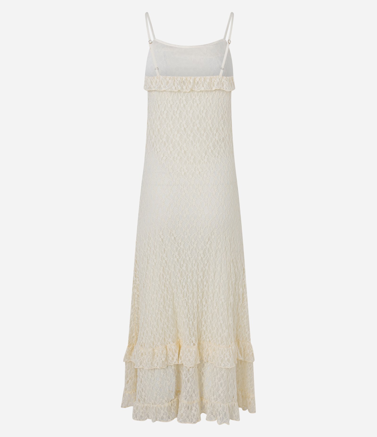 Vestido New Midi em Renda com Babados e Alça Fina Off White 10