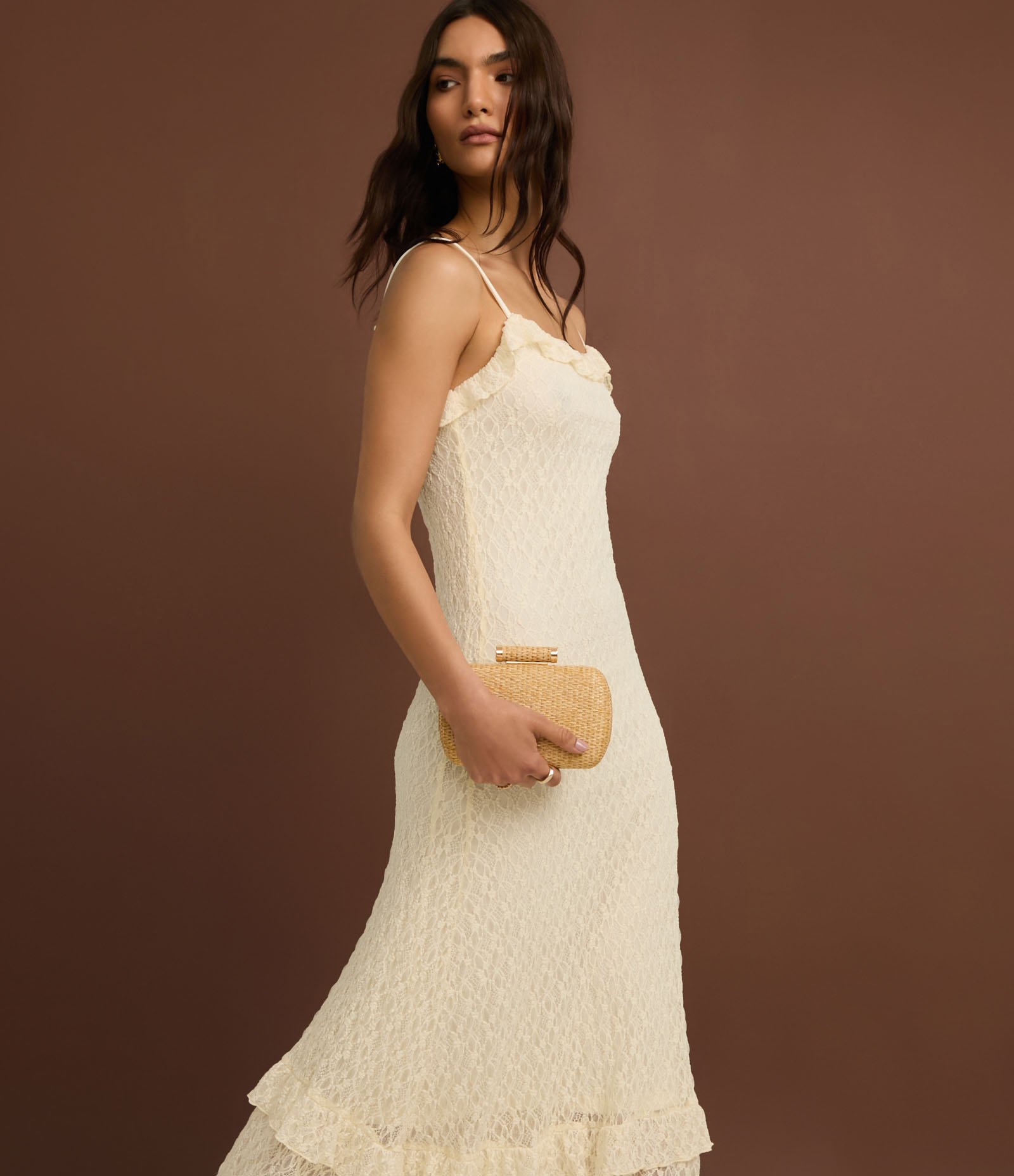 Vestido New Midi em Renda com Babados e Alça Fina Off White 3