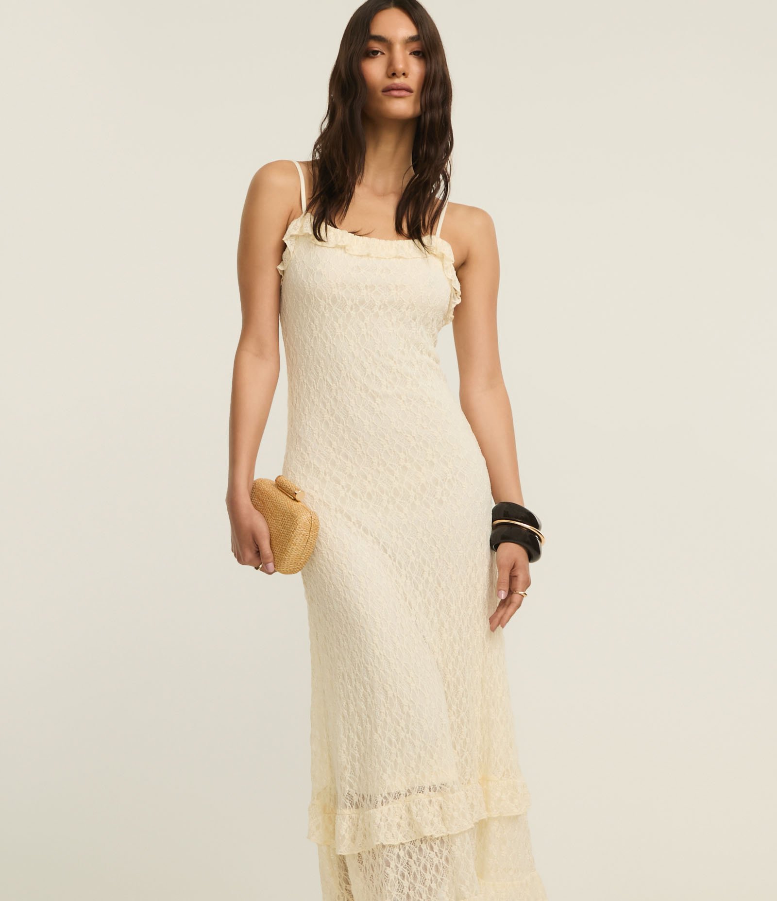 Vestido New Midi em Renda com Babados e Alça Fina Off White 5