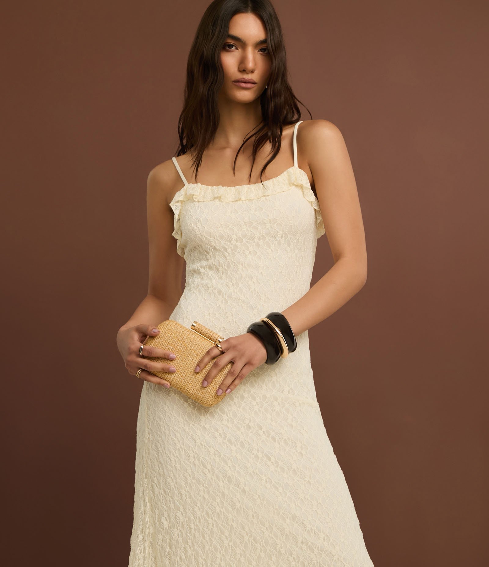 Vestido New Midi em Renda com Babados e Alça Fina Off White 7