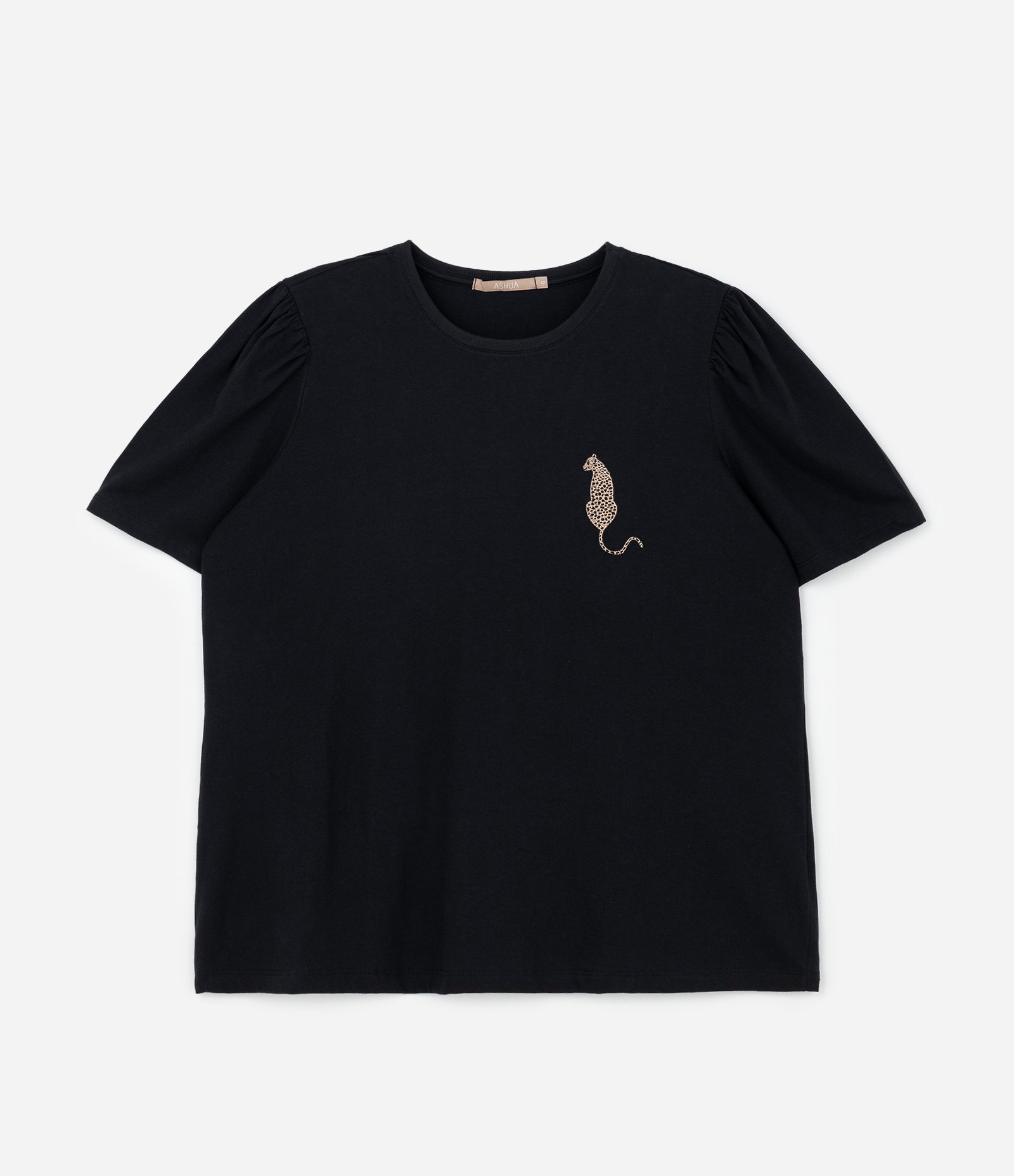 Blusa em Algodão com Manga Bufante e Bordado de Onça Curve & Plus Size Preto 4