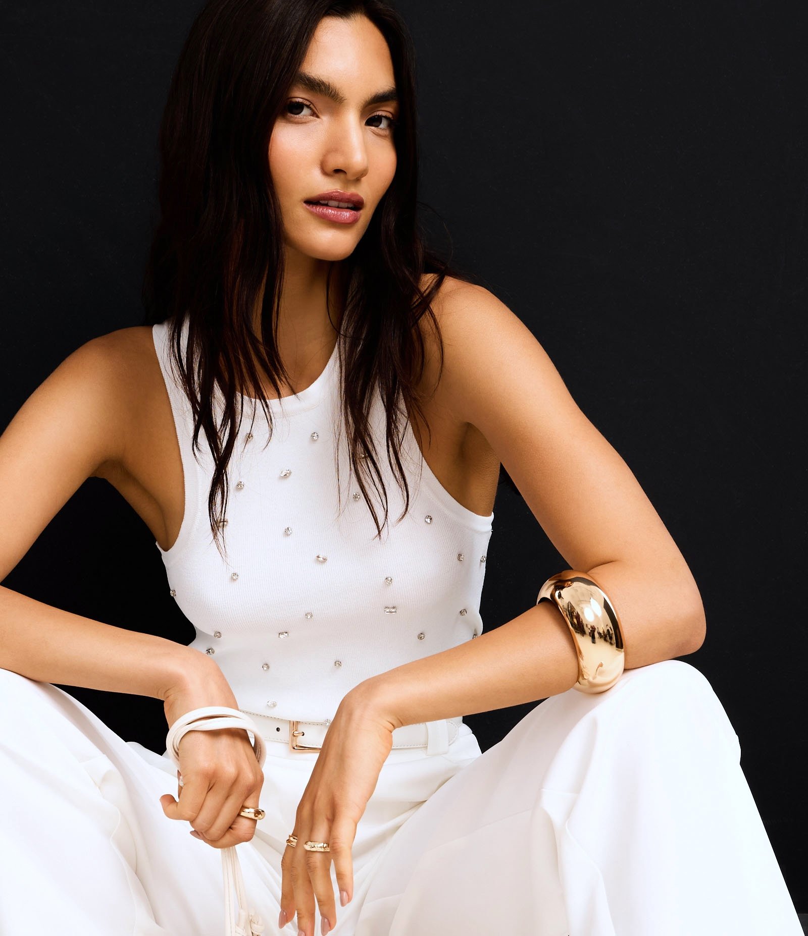 Blusa Regata Nadador em Tricô com Pedrarias de Strass Branco 1