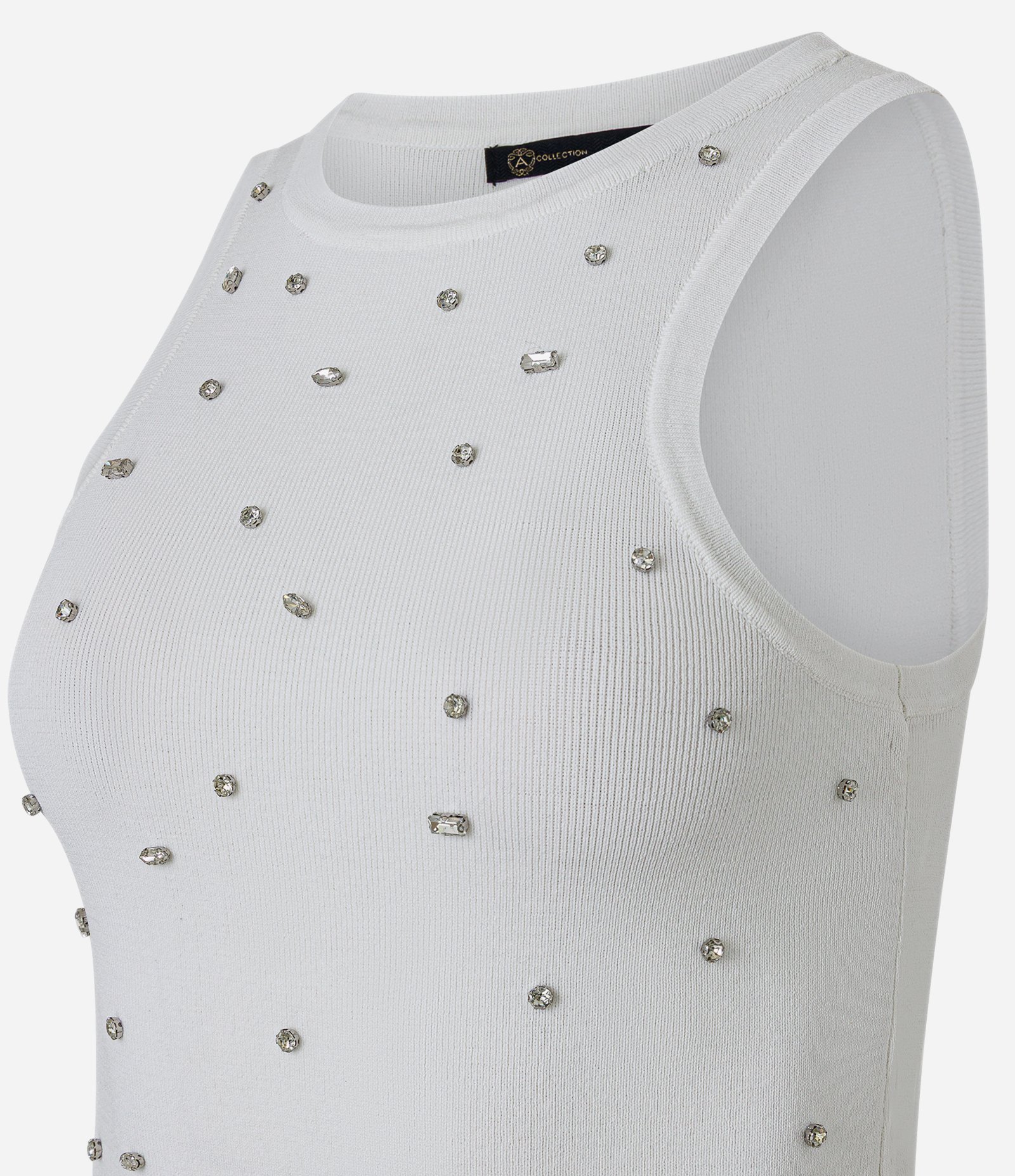 Blusa Regata Nadador em Tricô com Pedrarias de Strass Branco 8