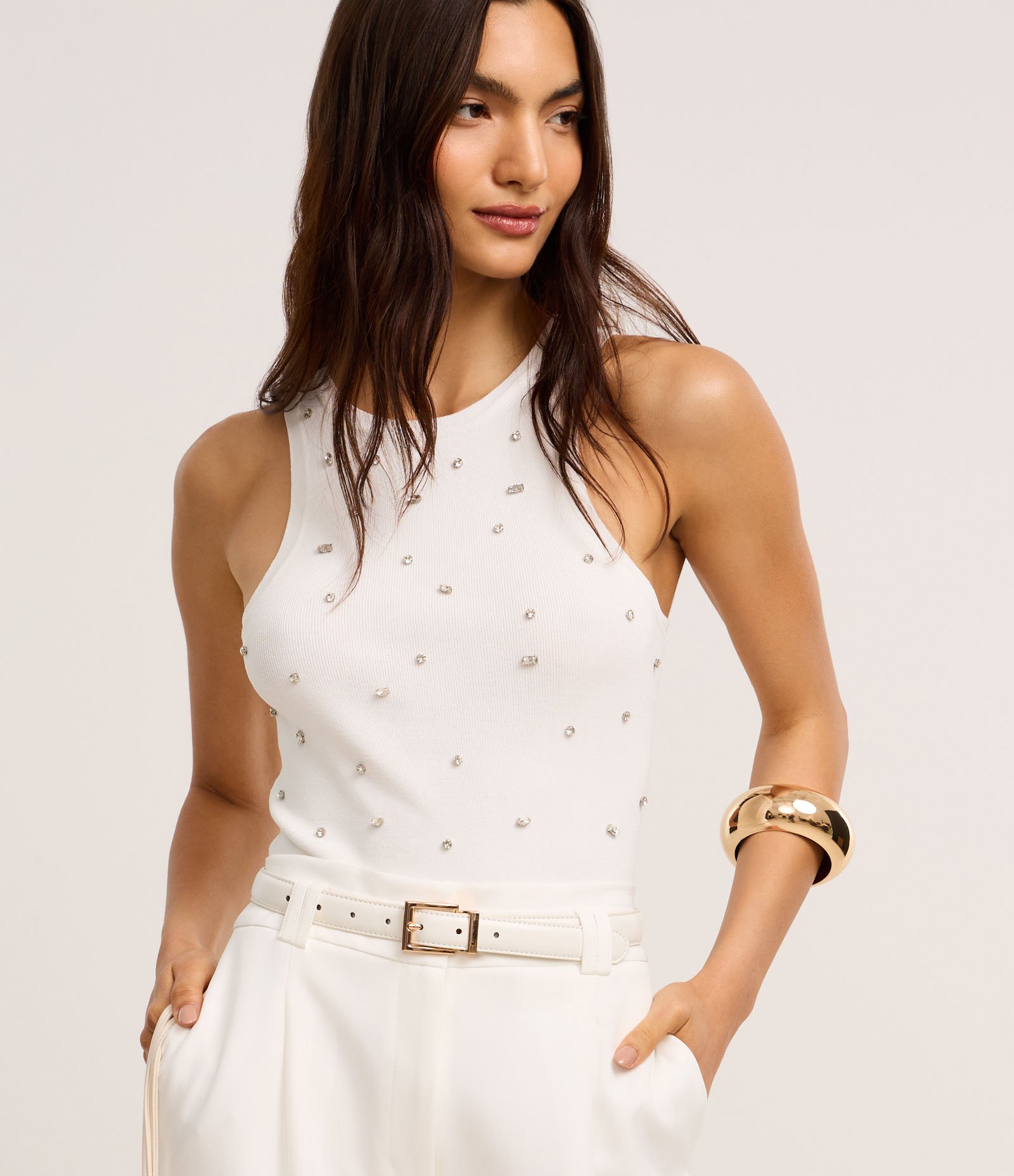 Blusa Regata Nadador em Tricô com Pedrarias de Strass Branco 2