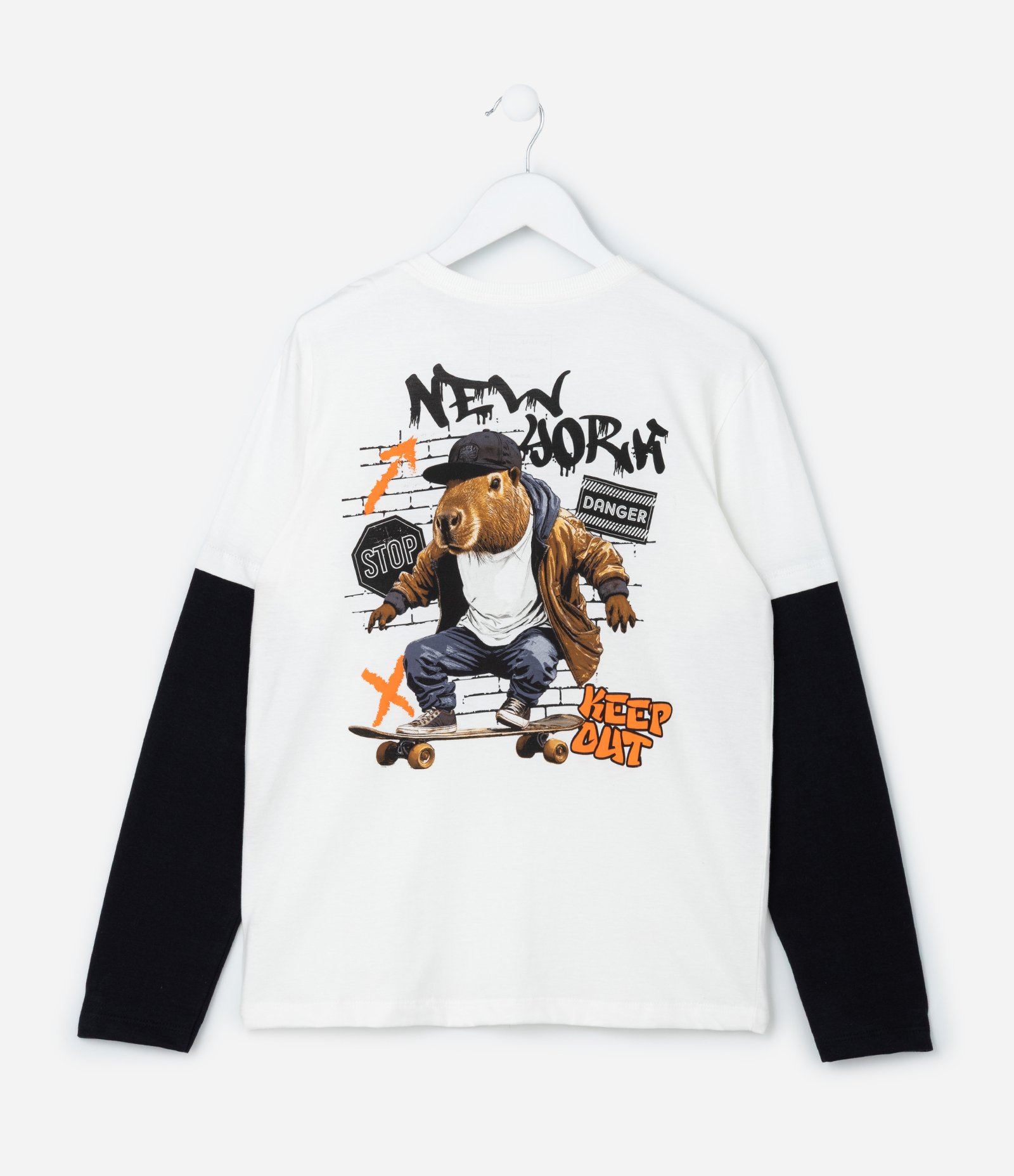 Camiseta Infantil com Estampa Frente e Costas Capivara - Tam 5 a 14 Anos Branco/Preto 2