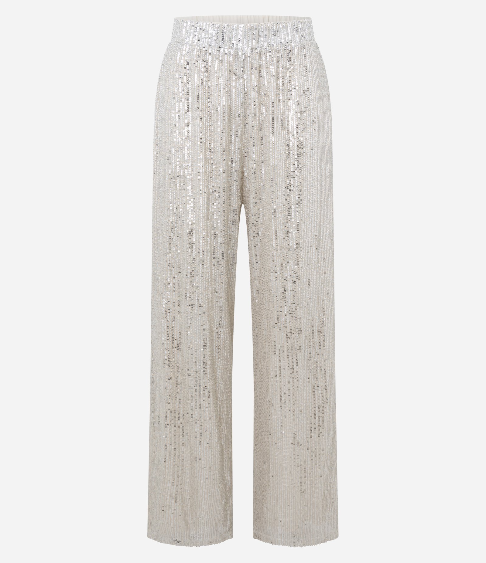 Calça Pantalona com Ponto Aberto e Paetê Metalizado Prata 1