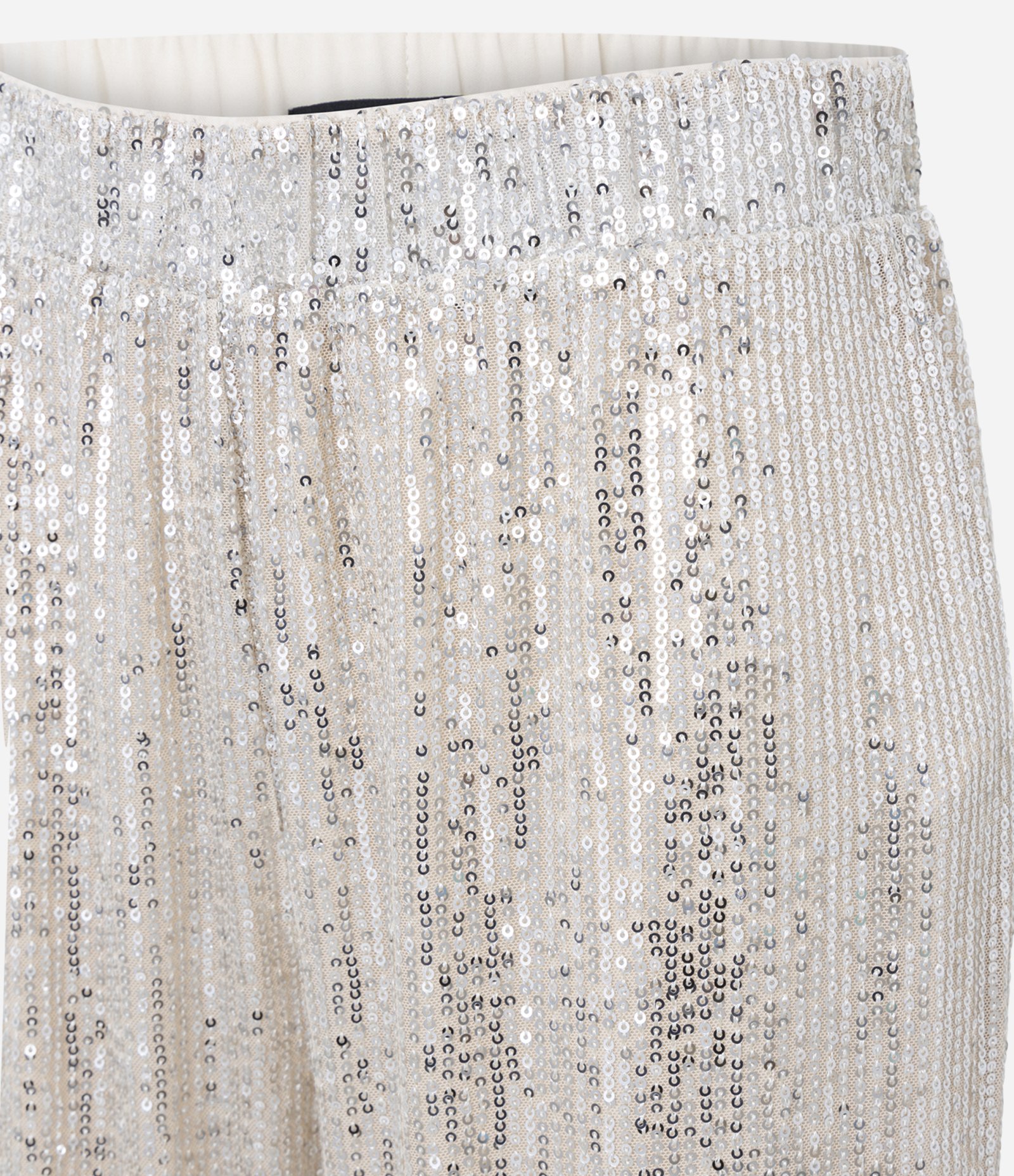 Calça Pantalona com Ponto Aberto e Paetê Metalizado Prata 2