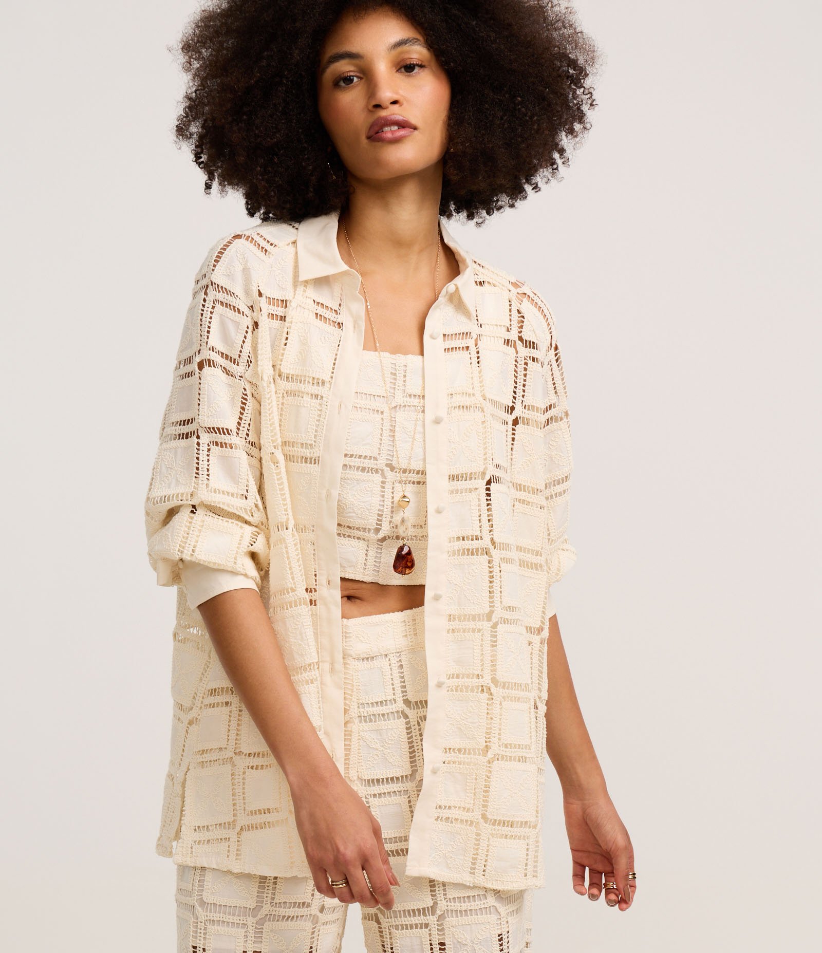 Camisa em Laise Quadriculado com Botões Forrados Off White 1