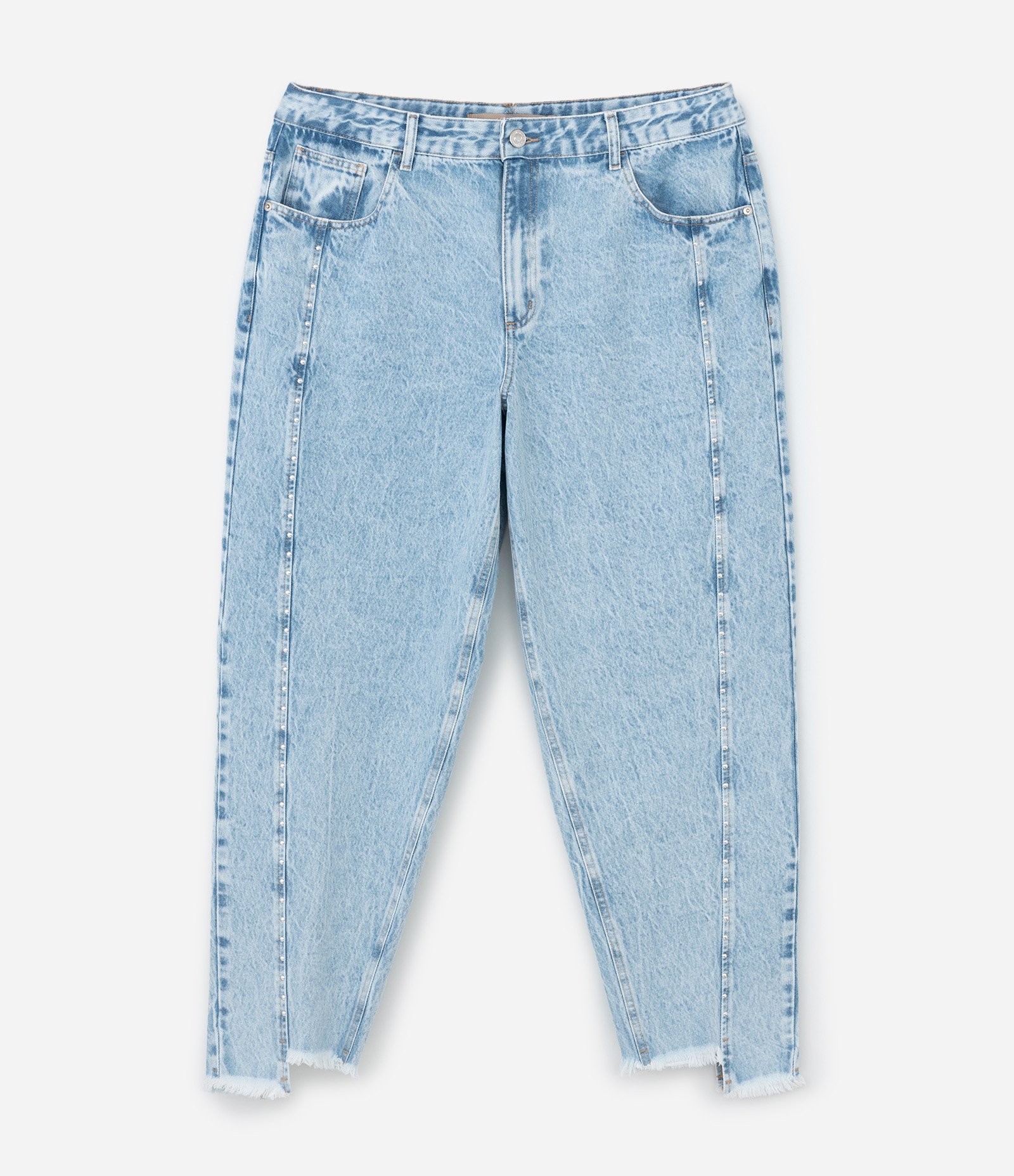 Calça Mom em Jeans com Tachas e Barra Desfiada Curve & Plus Size Azul 7