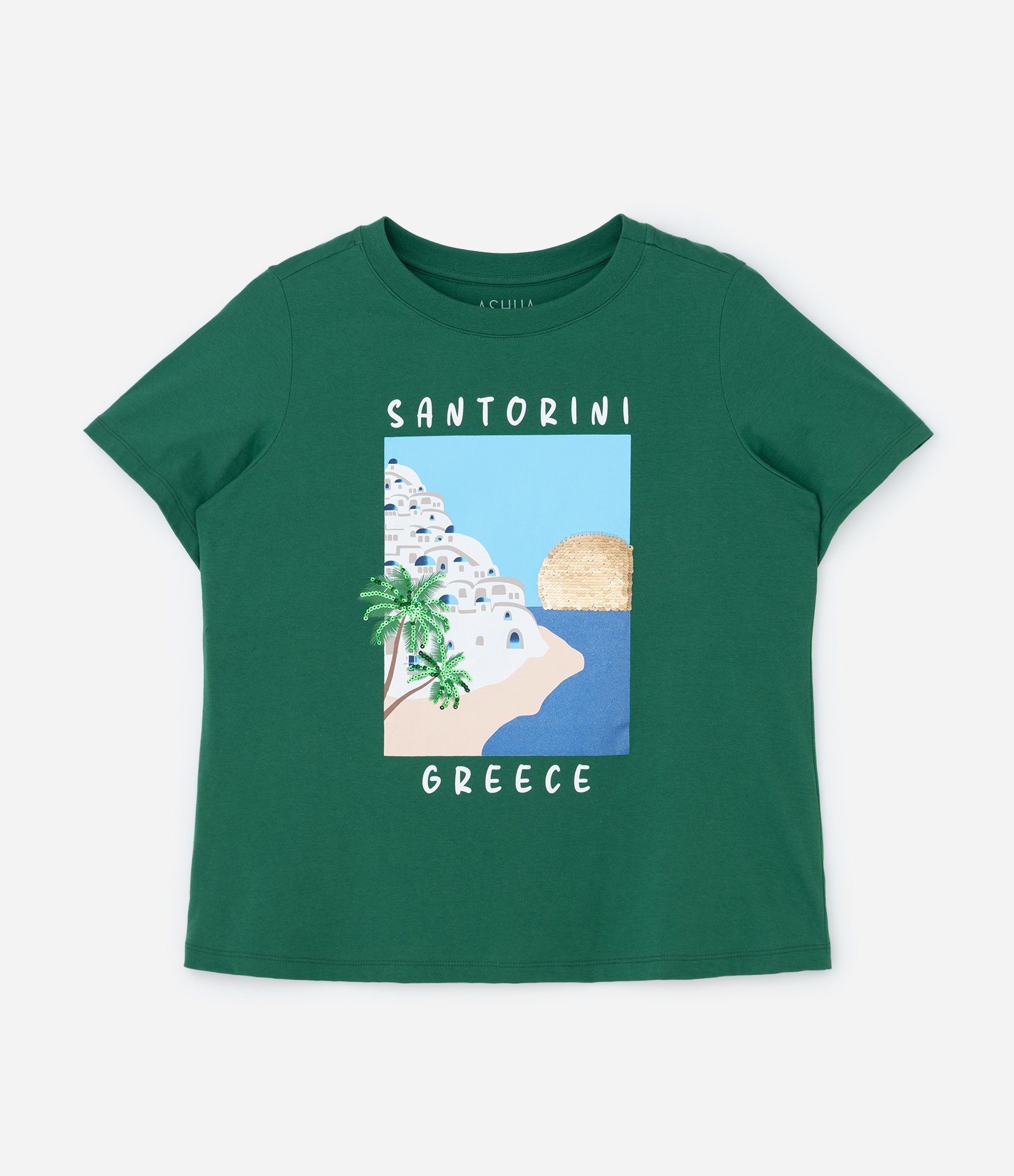 Camiseta em Algodão com Estampa Santorini e Detalhes de Paetê Curve & Plus Size Verde 4