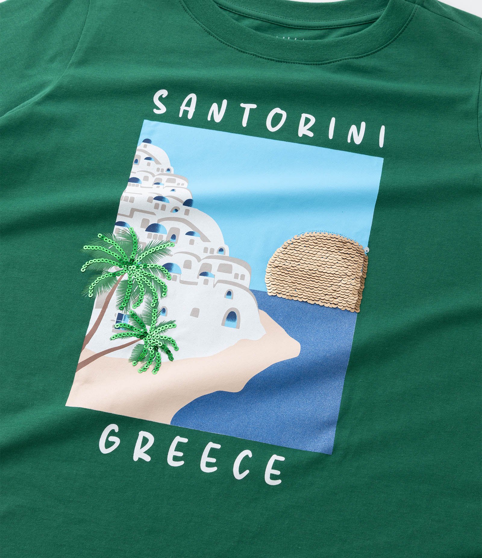 Camiseta em Algodão com Estampa Santorini e Detalhes de Paetê Curve & Plus Size Verde 7