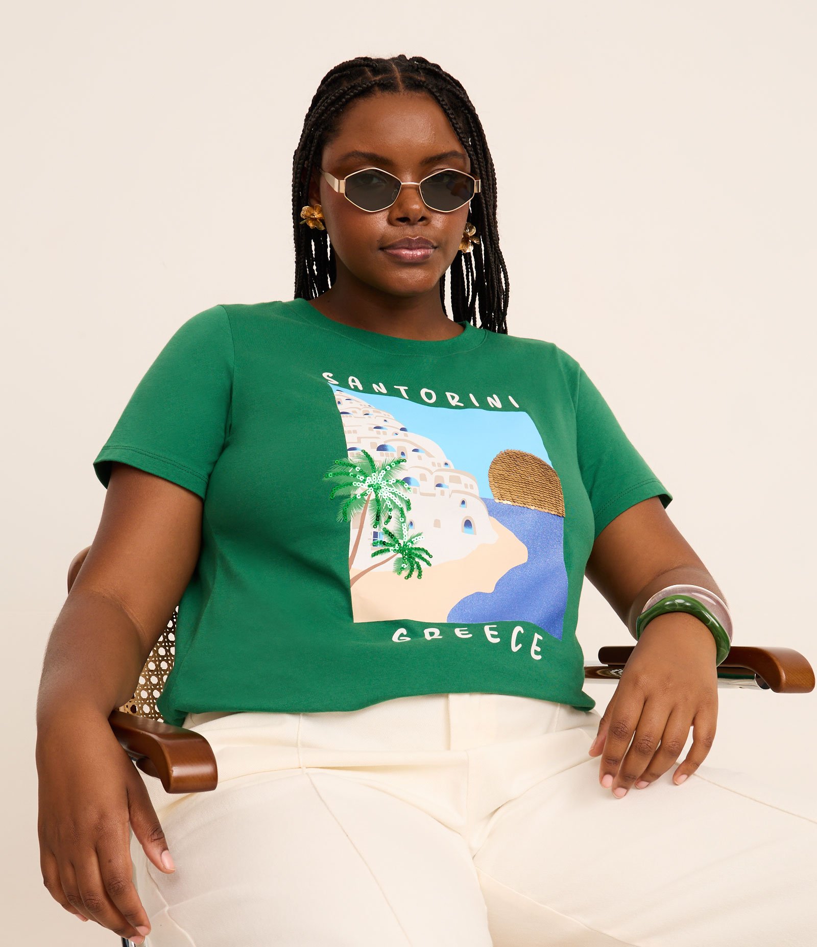 Camiseta em Algodão com Estampa Santorini e Detalhes de Paetê Curve & Plus Size Verde 1