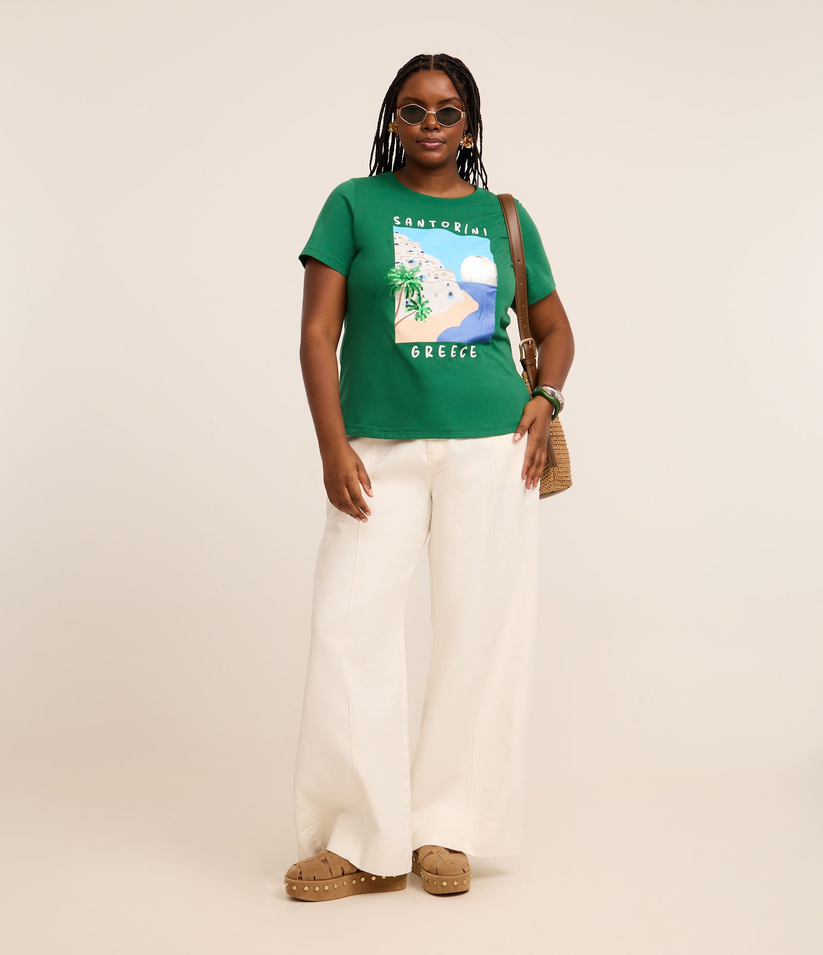 Camiseta em Algodão com Estampa Santorini e Detalhes de Paetê Curve & Plus Size Verde 2