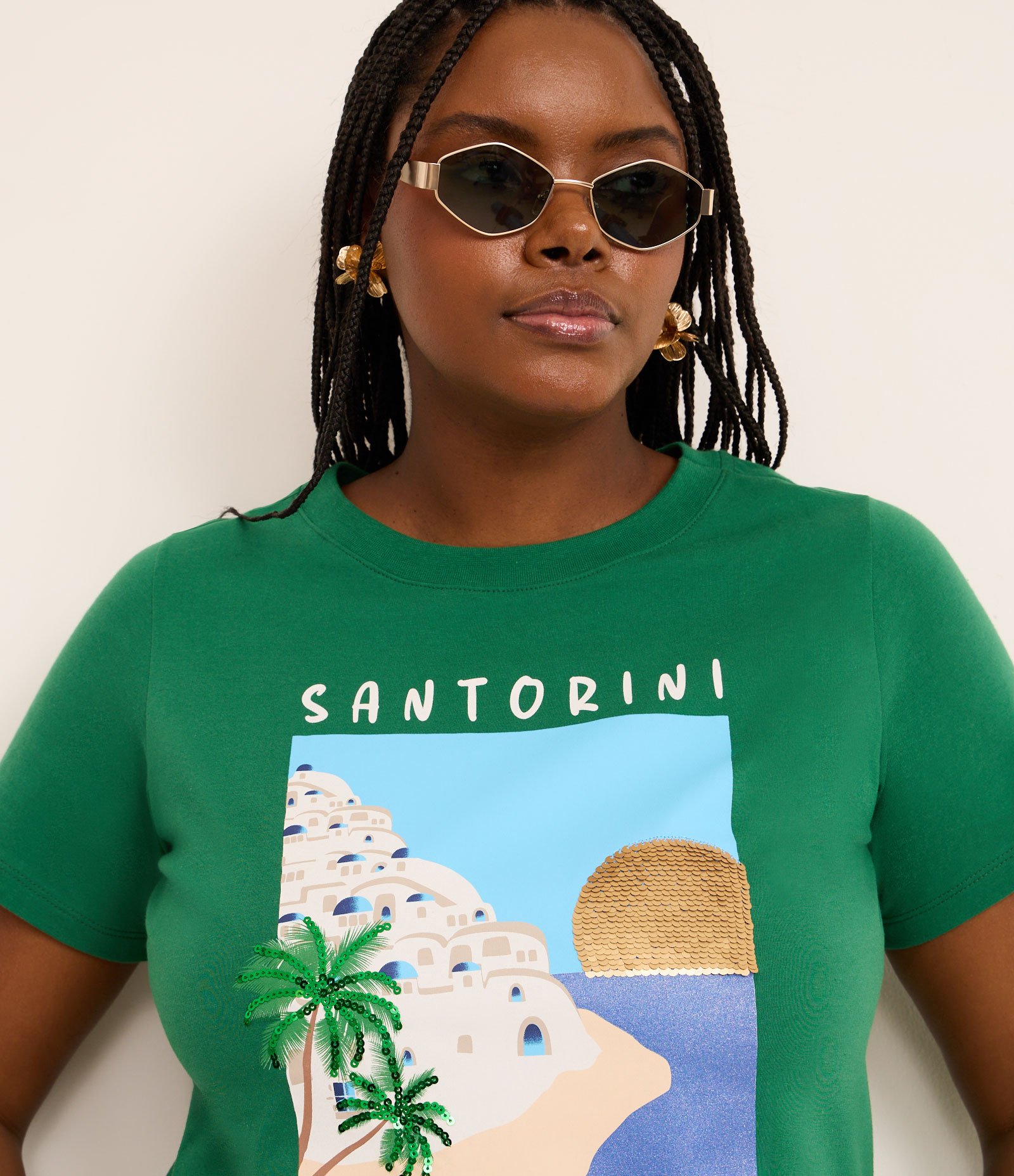 Camiseta em Algodão com Estampa Santorini e Detalhes de Paetê Curve & Plus Size Verde 3