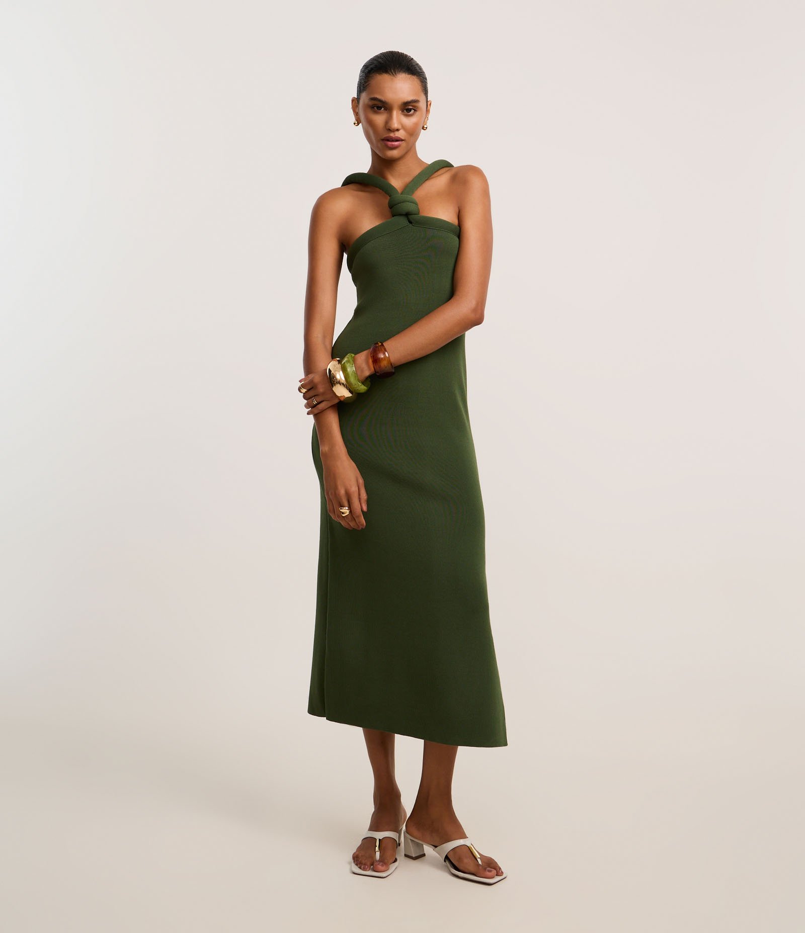 Vestido New Midi em Tricô com Nó na Alça Verde 1
