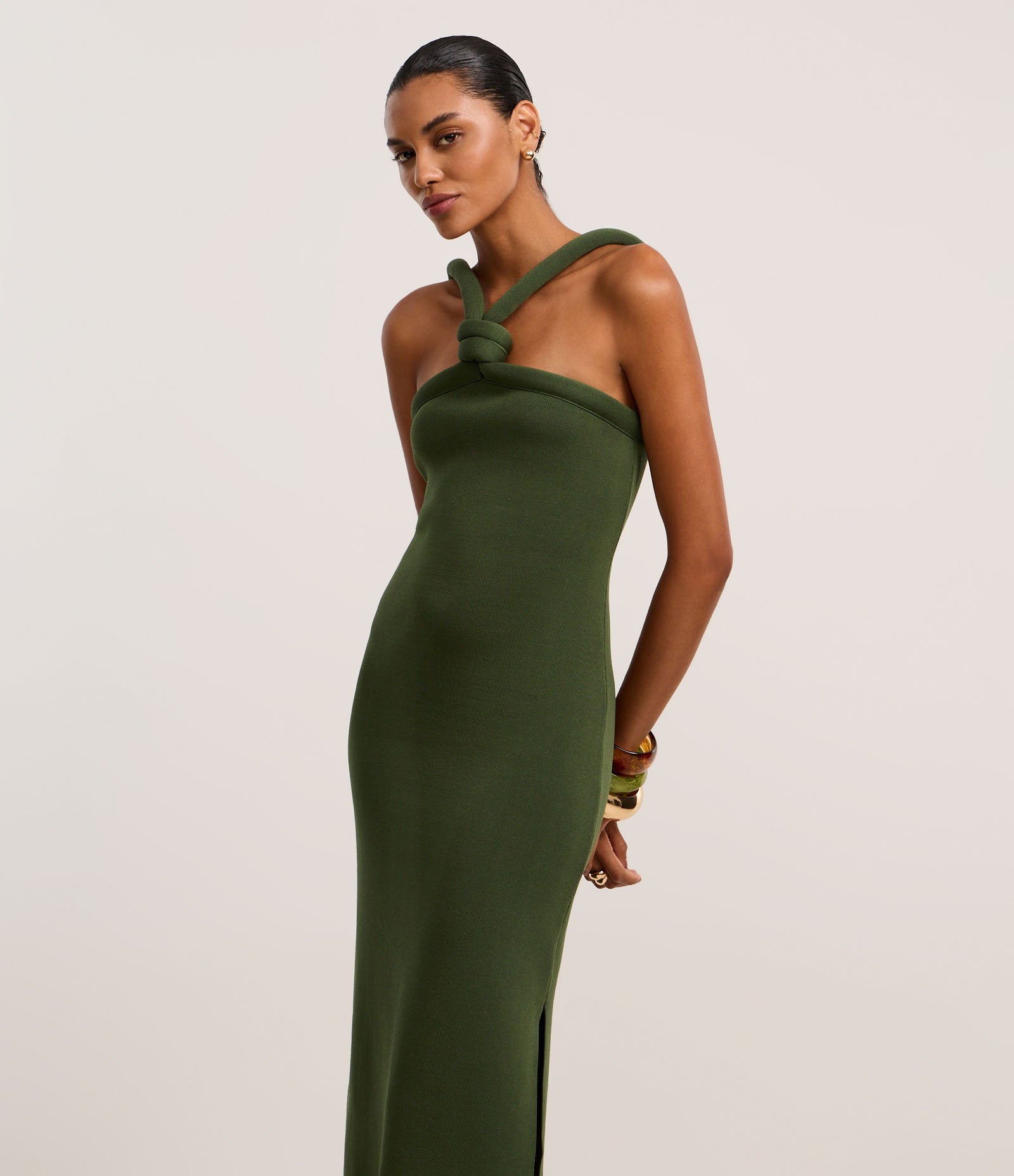 Vestido New Midi em Tricô com Nó na Alça Verde 2