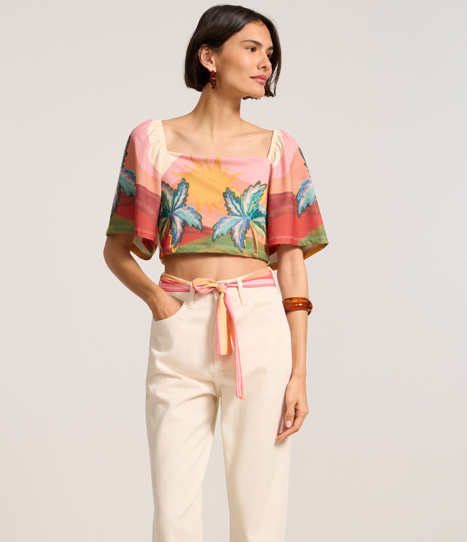 Calça Mom em Sarja com Lenço no Cós Bege 2