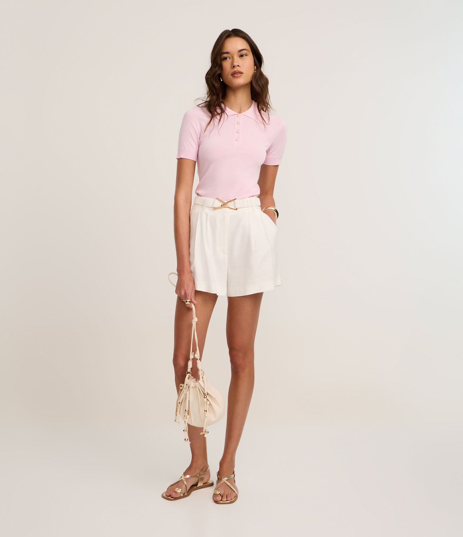 Blusa em Tricô com Pregas na Gola Polo Rosa 2