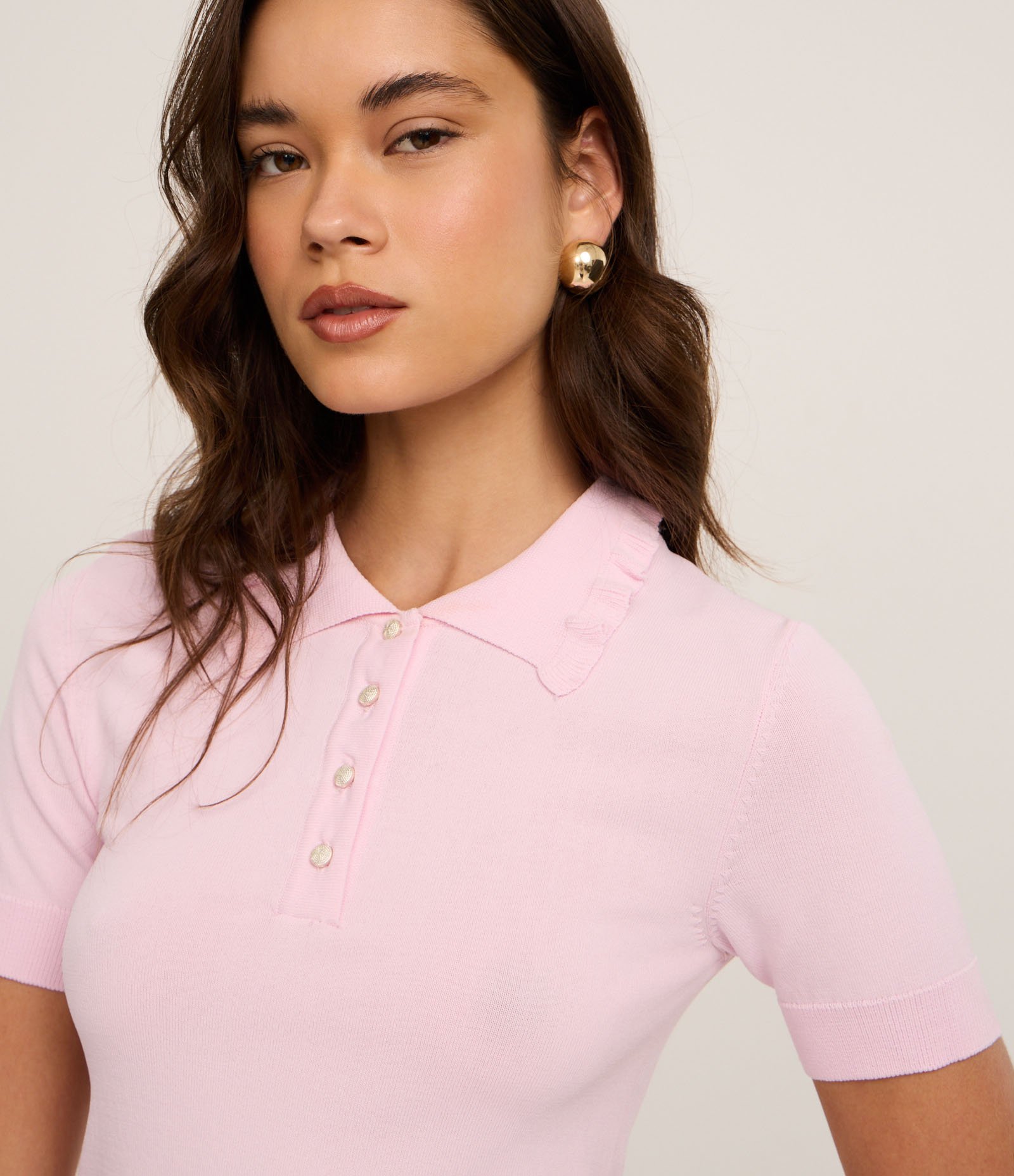 Blusa em Tricô com Pregas na Gola Polo Rosa 4
