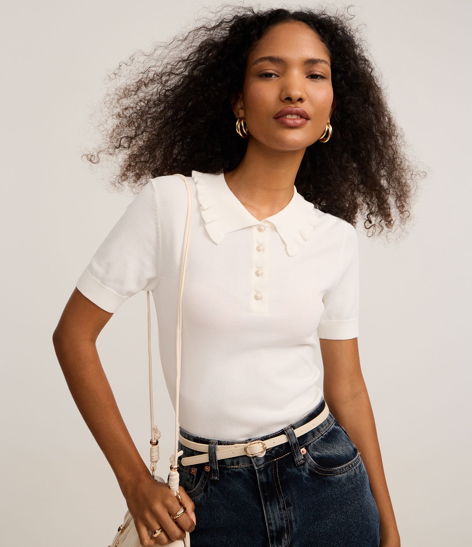 Blusa em Tricô com Pregas na Gola Polo Branco 1