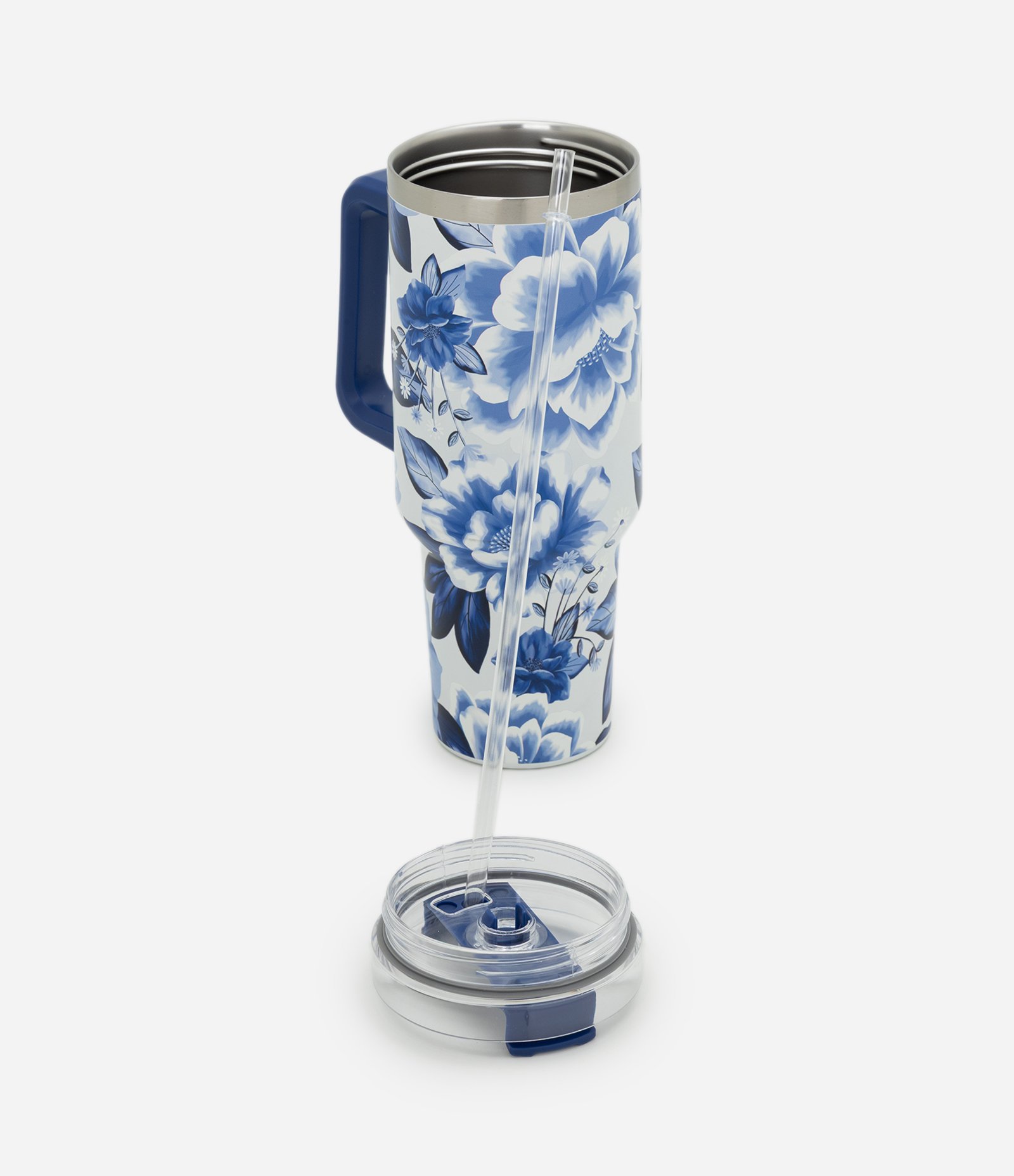 Copo Térmico em Metal com Estampa Floral 1,2L Azul/Branco 4